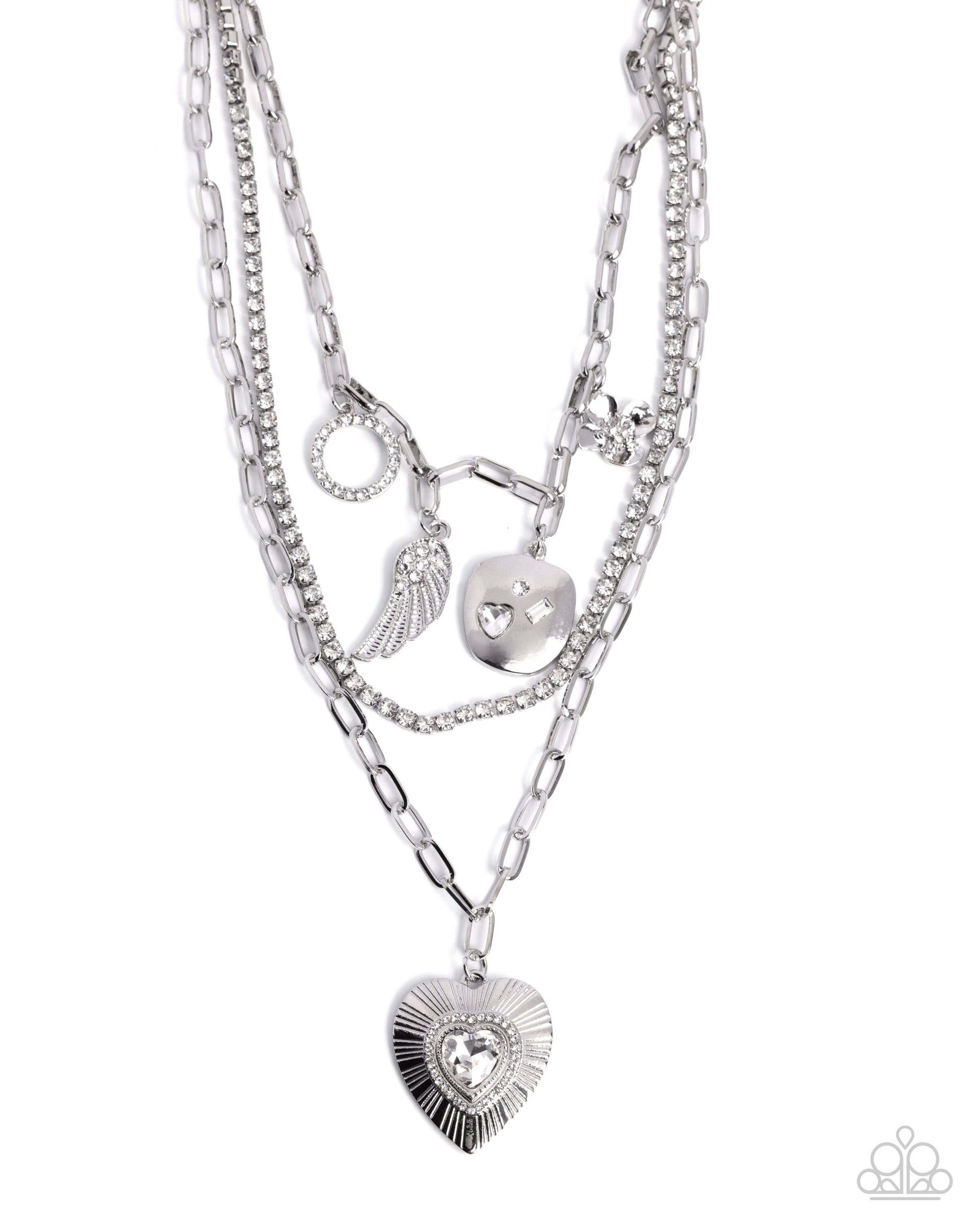 Angelic Ambition - White Paparazzi Heart Necklace Accessories,Angel Wings,Faith,Feathers,Hearts,Necklace,Short Necklace,Silver,White rhinestones