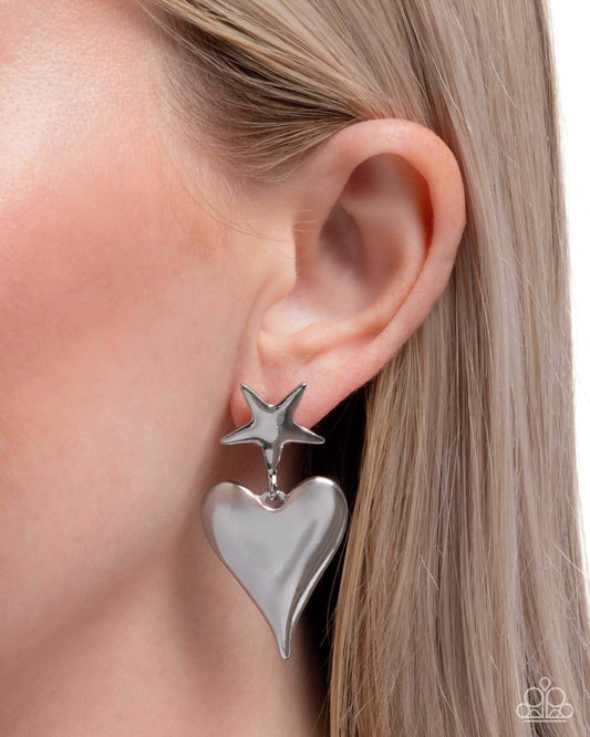 Dynamic Disposition - Silver Paparazzi Star Heart Earrings Accessories,earrings,Hearts,Post,Silver,Stars