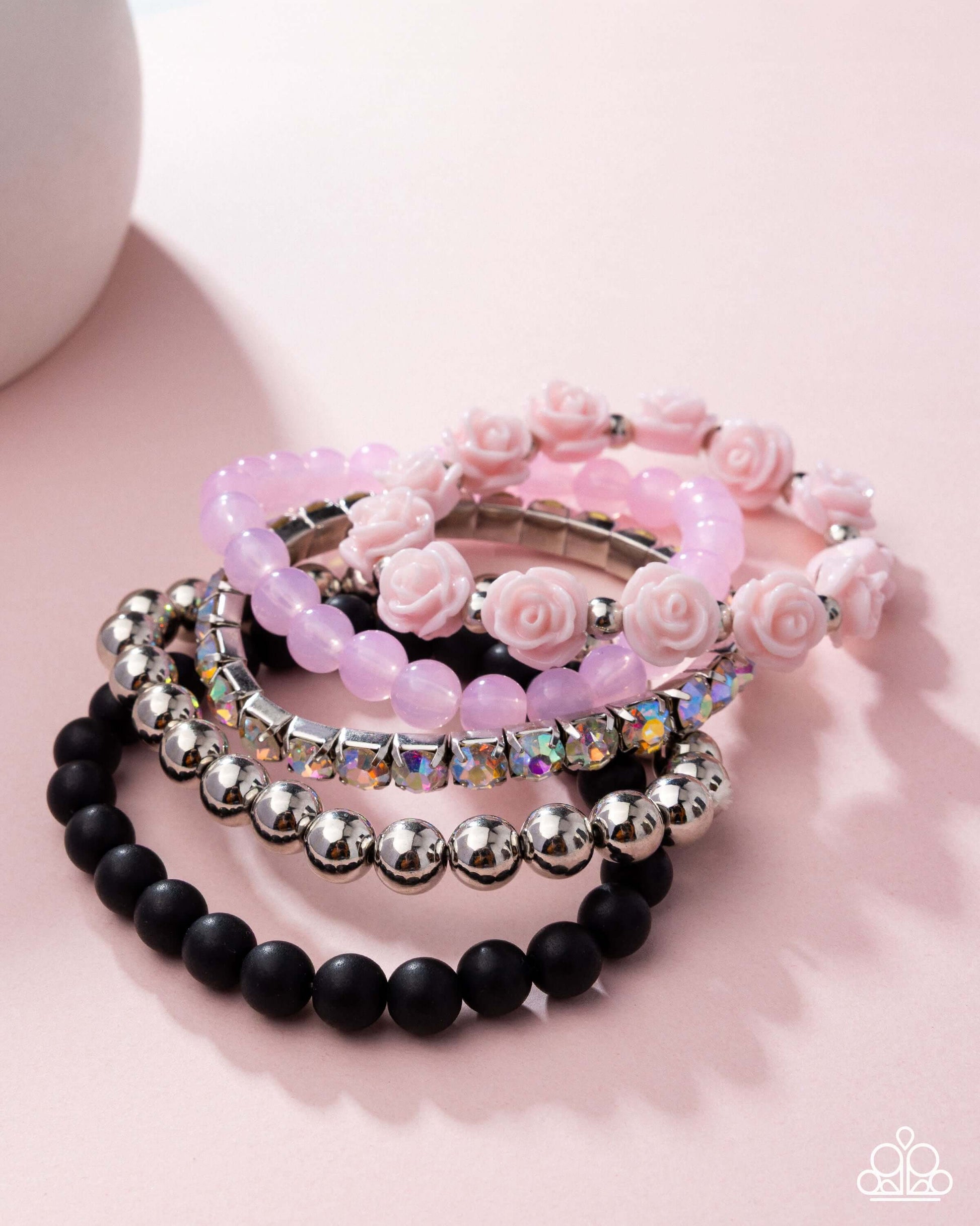 Rose Garden Grandeur - Pink Paparazzi Bracelet Stack Accessories,Bracelet,Iridescence,Life of the Party Exclusive,Multicolor,Pink,Roses,Stretchy