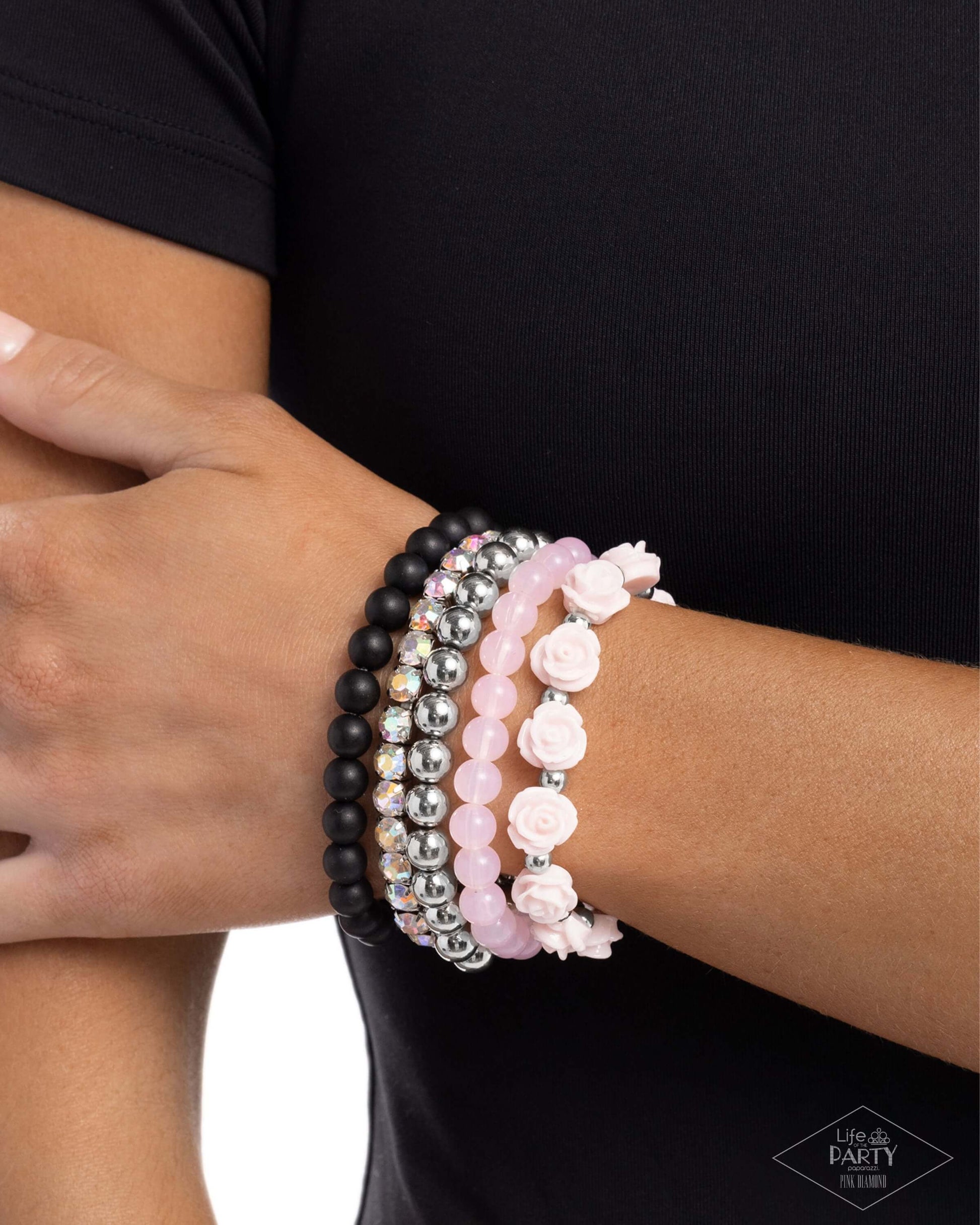 Rose Garden Grandeur - Pink Paparazzi Bracelet Stack Accessories,Bracelet,Iridescence,Life of the Party Exclusive,Multicolor,Pink,Roses,Stretchy