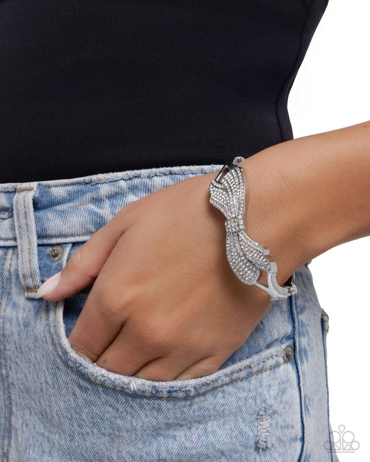 Blissful Bow - White Paparazzi Bracelet Accessories,Bow,Bracelet,hinge closure,Silver,White rhinestones