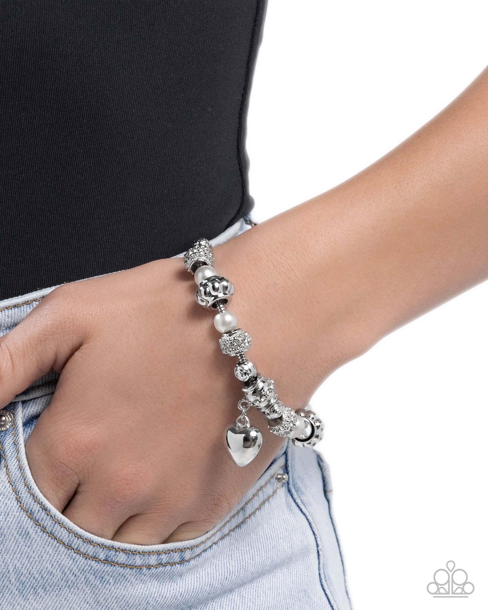 Pensive Polish - White Paparazzi Heart Bracelet Accessories,Bracelet,Hearts,Silver,White rhinestones