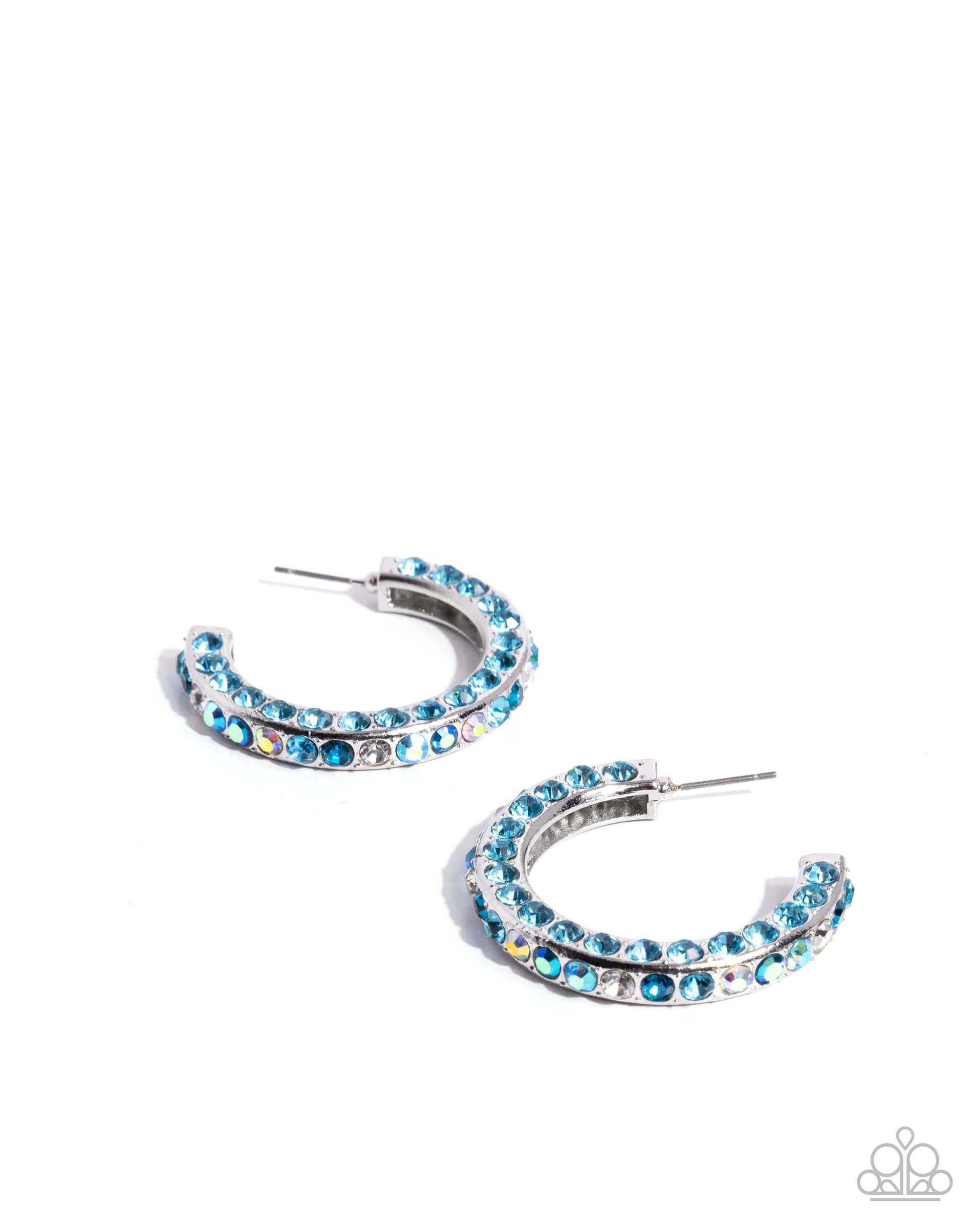 High-Level Haute - Blue Paparazzi Hoop Earrings featuring chunky silver hoops with vibrant blue rhinestones.
