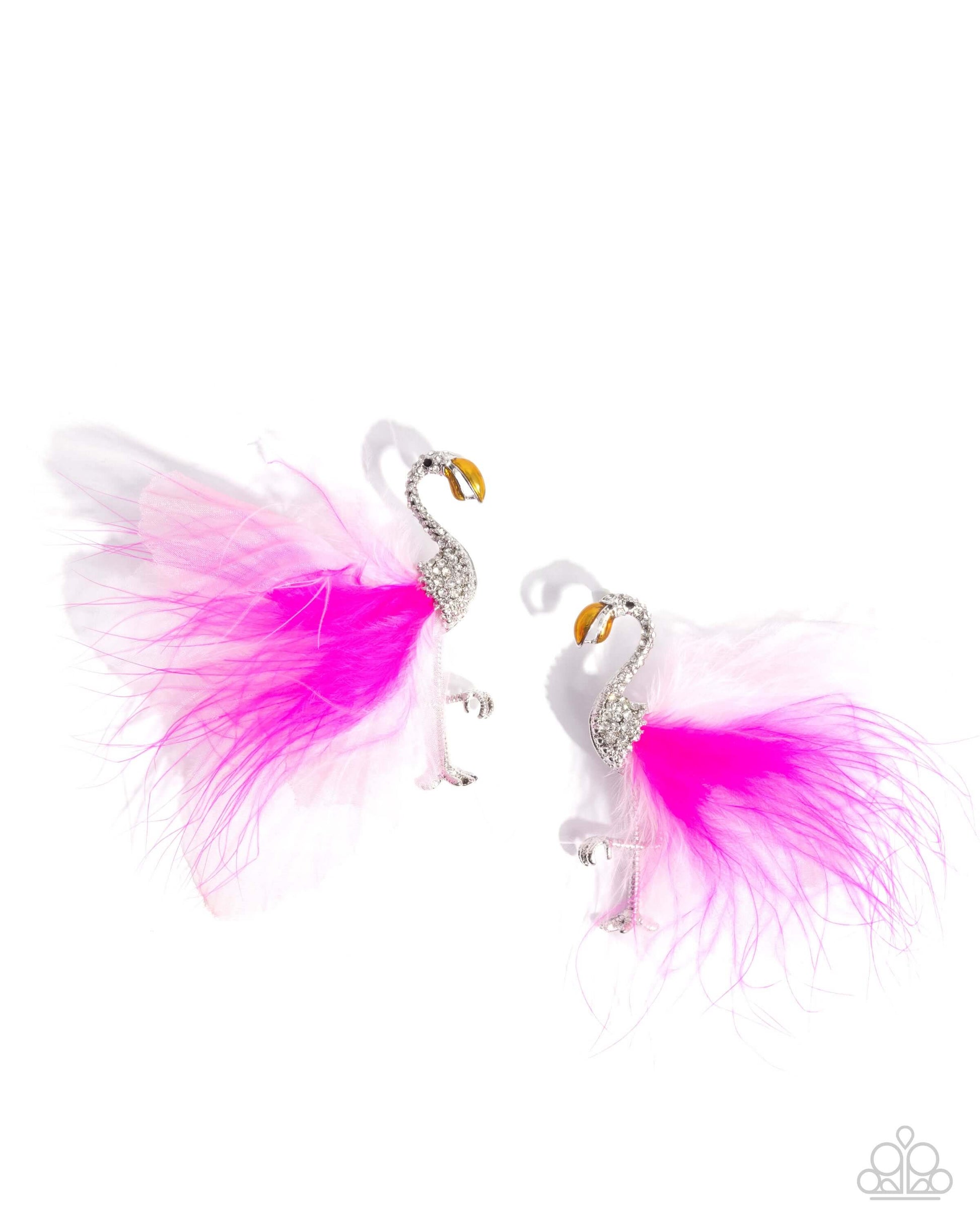Feathered Flamingo - Pink Paparazzi Earrings Accessories,Animal Print,earrings,Pink,Post,Silver Accents,White rhinestones