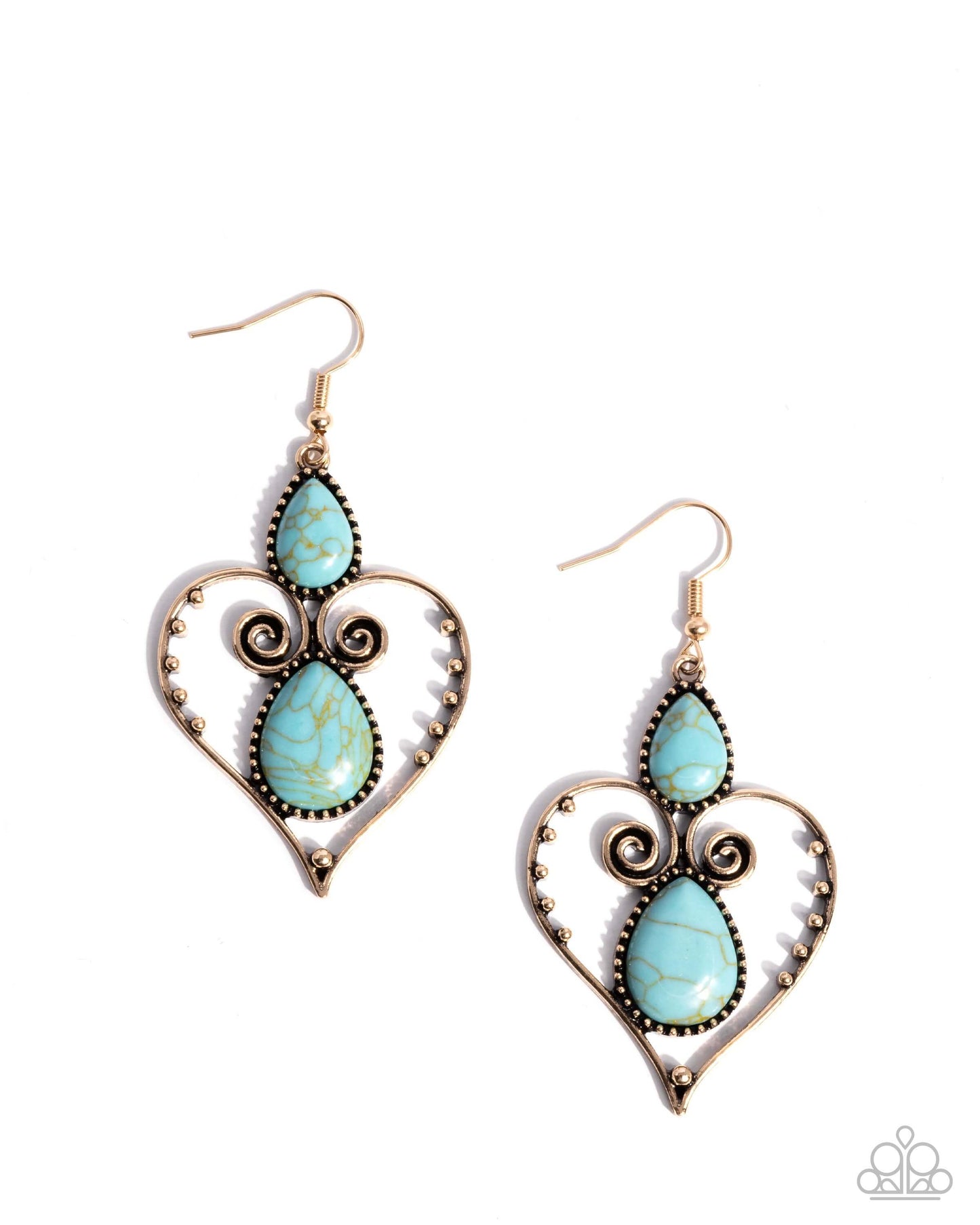 Selfless Stones - Gold Paparazzi Heart Earrings Accessories,Blue,earrings,Gold,Hearts,Turquoise