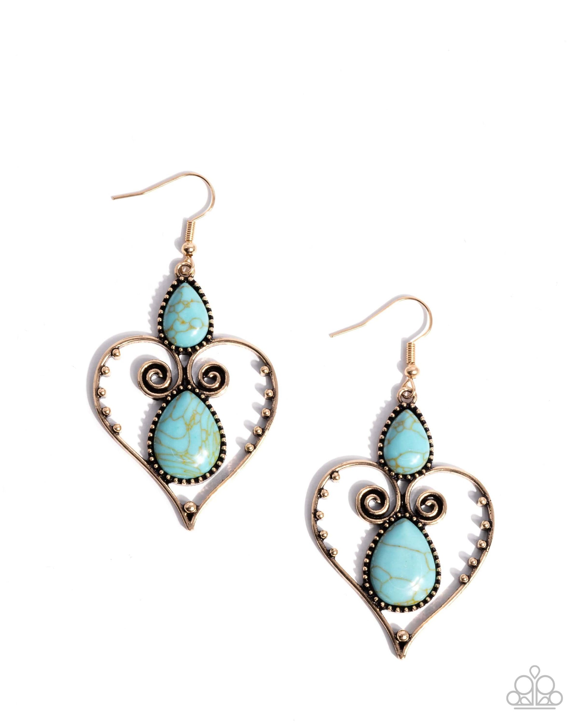 Selfless Stones - Gold Paparazzi Heart Earrings Accessories,Blue,earrings,Gold,Hearts,Turquoise