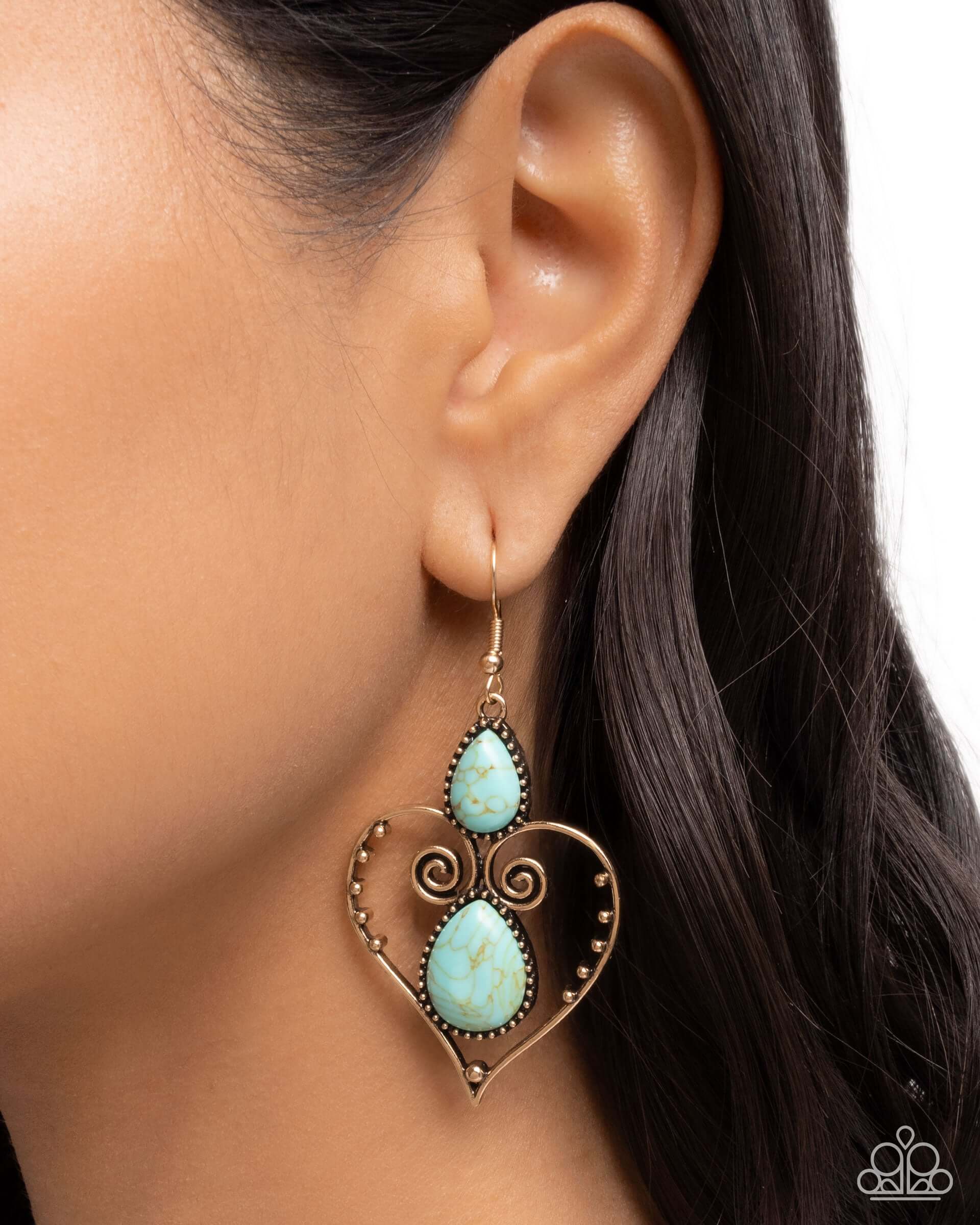 Selfless Stones - Gold Paparazzi Heart Earrings Accessories,Blue,earrings,Gold,Hearts,Turquoise