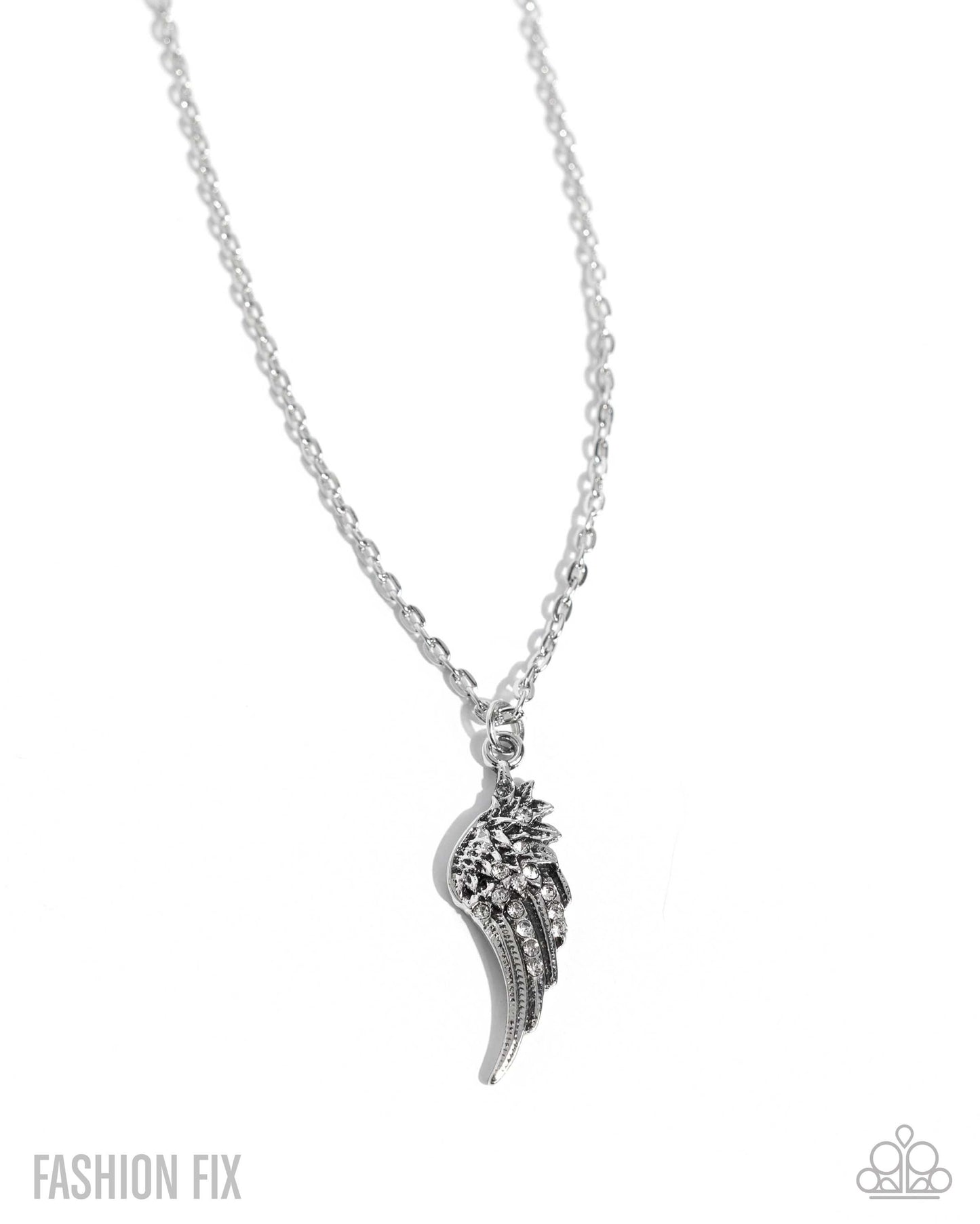 Notorious Nomad - White Paparazzi Angel Wing Necklace Accessories,Angel Wings,Faith,Necklace,Short Necklace,Silver,White rhinestones