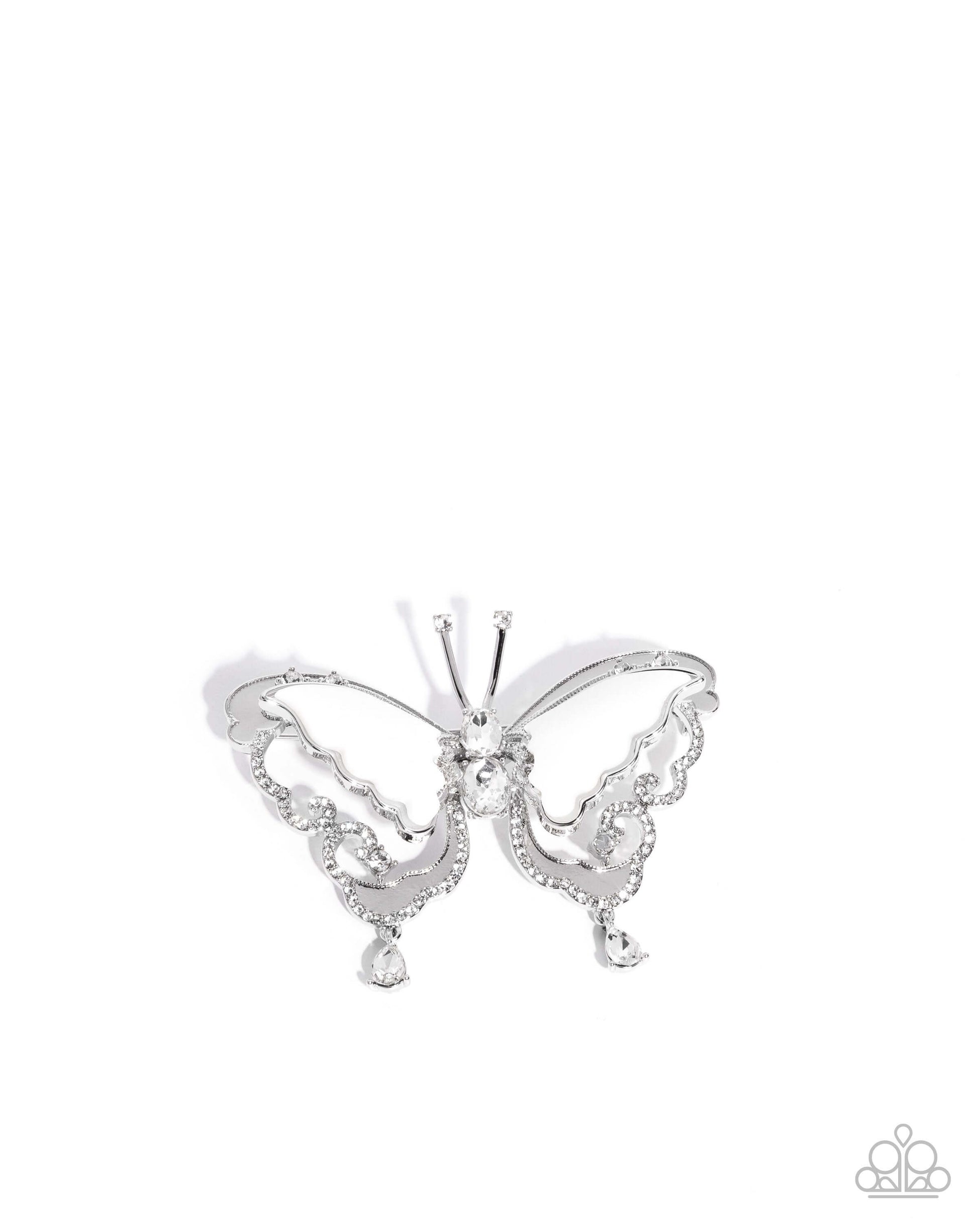 Articulate Aerial - White Paparazzi Butterfly Brooch Accessories,Brooch,Butterfly,Silver,Silver Accents,White,White rhinestones