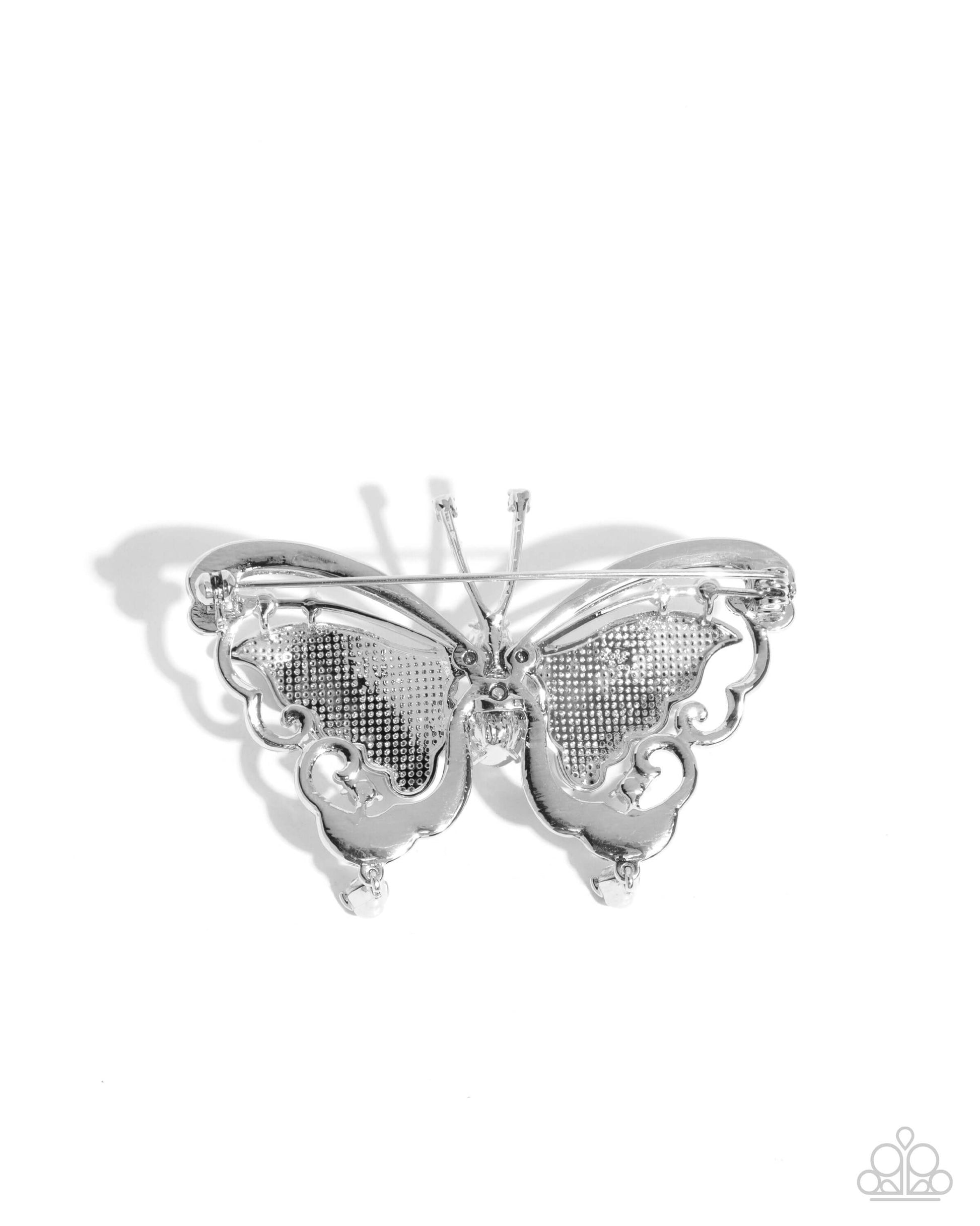 Articulate Aerial - White Paparazzi Butterfly Brooch Accessories,Brooch,Butterfly,Silver,Silver Accents,White,White rhinestones