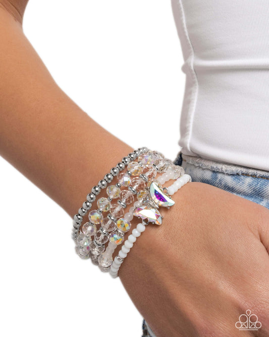 Aerial Abundance - White Paparazzi Stretch Butterfly Bracelet Accessories,Bracelet,Butterfly,Iridescence,Multicolor,Stretchy,White