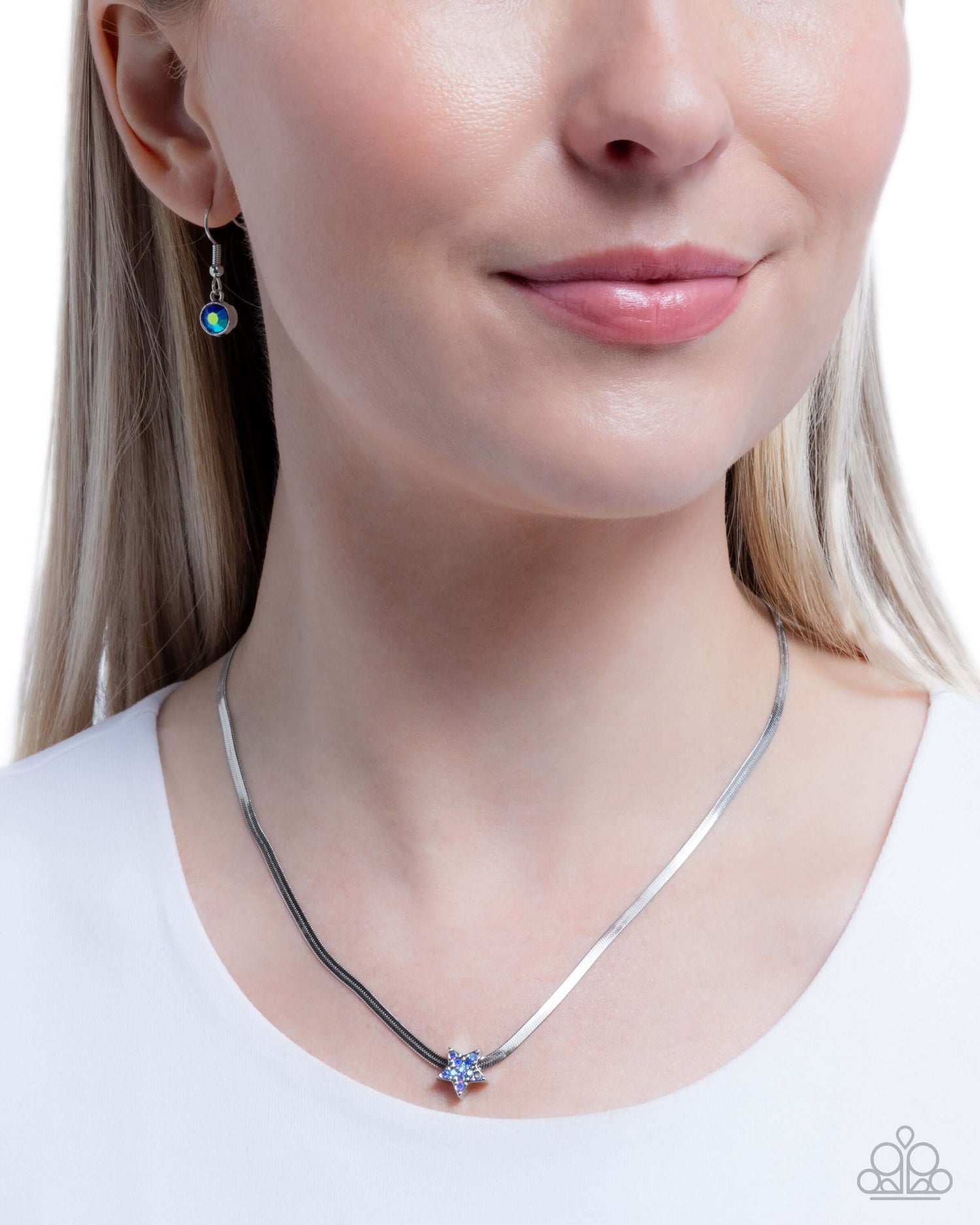 Straight Up Stellar - Blue Paparazzi Star Necklace Choker Accessories,Blue,Iridescence,Necklace,Short Necklace,Silver,Stars
