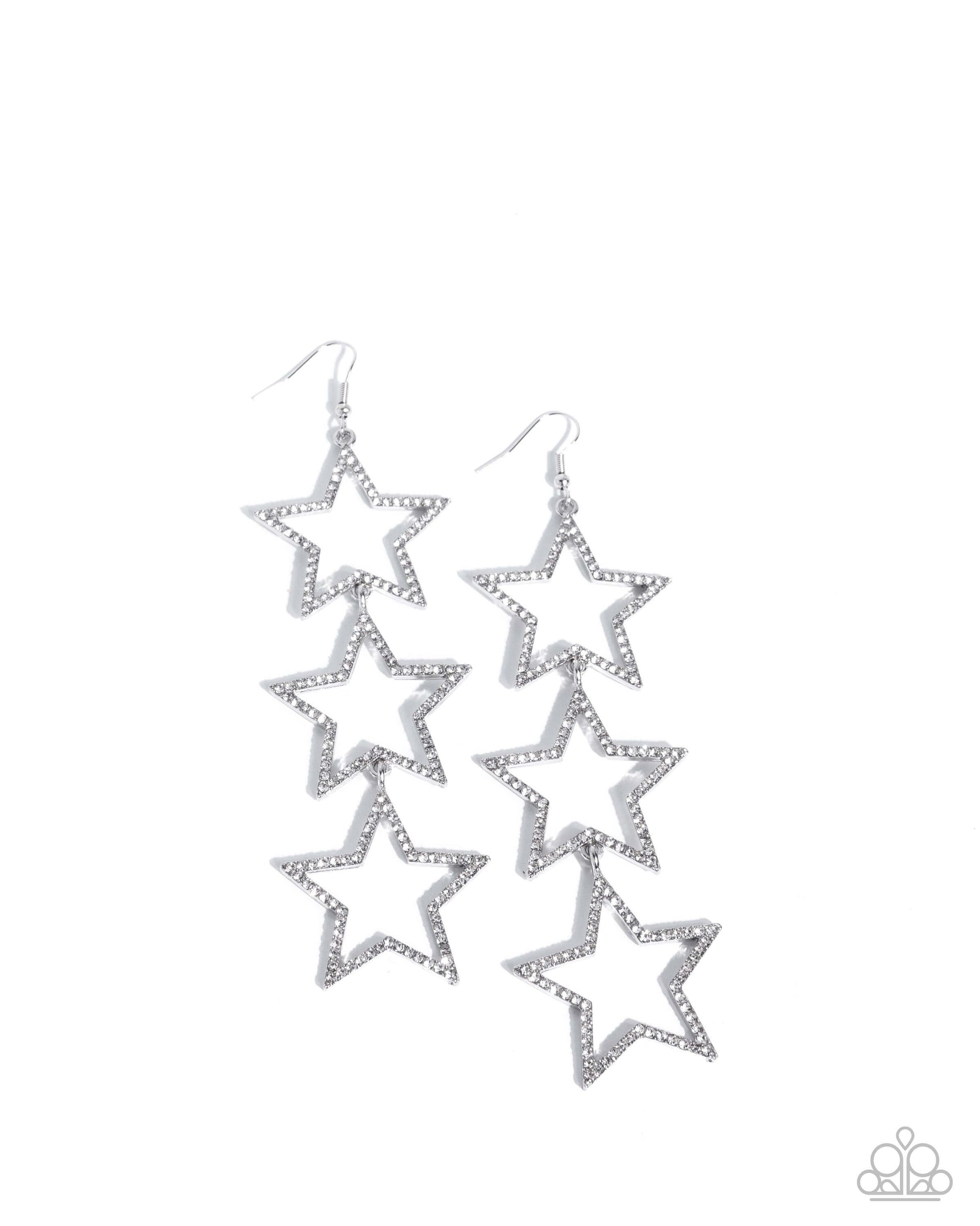 Star-Crossed Success - White Paparazzi Star Earrings Accessories,earrings,Silver,Stars,White rhinestones