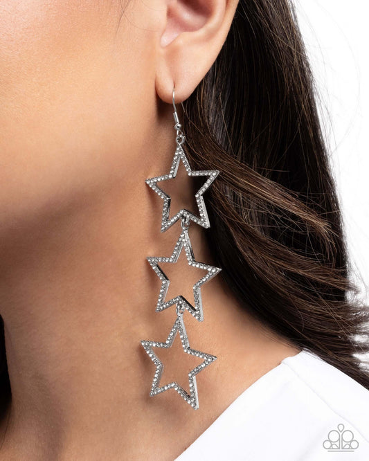 Star-Crossed Success - White Paparazzi Star Earrings Accessories,earrings,Silver,Stars,White rhinestones
