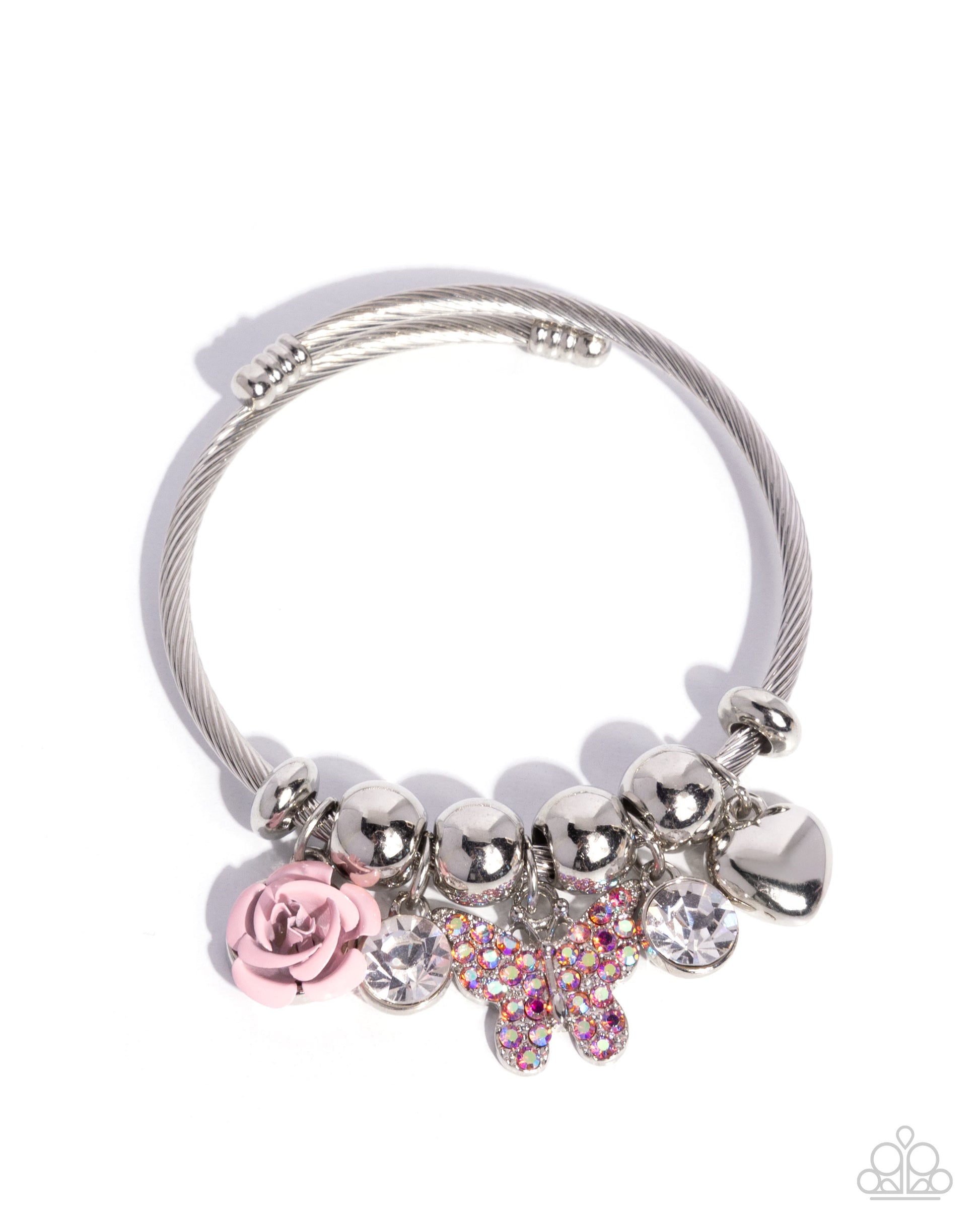PREORDER ~ Windblown Whimsy - Pink Paparazzi Bracelet Accessories,Bracelet,Charms,Coil Bracelet,Hearts,Pink,Roses,Silver Accents