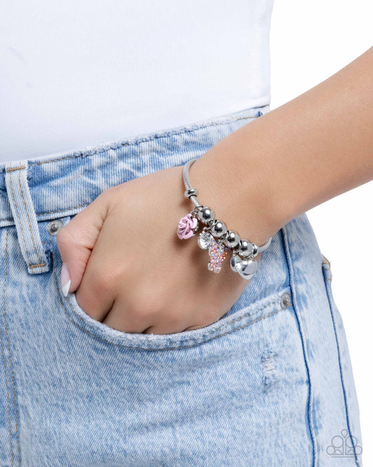 PREORDER ~ Windblown Whimsy - Pink Paparazzi Bracelet Accessories,Bracelet,Charms,Coil Bracelet,Hearts,Pink,Roses,Silver Accents
