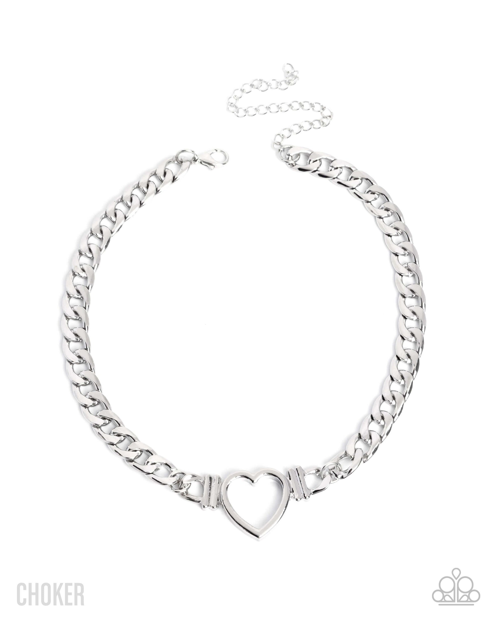 Heartfelt Hunch - Silver Paparazzi Necklace Choker Accessories,Choker,Hearts,Necklace,Short Necklace,Silver