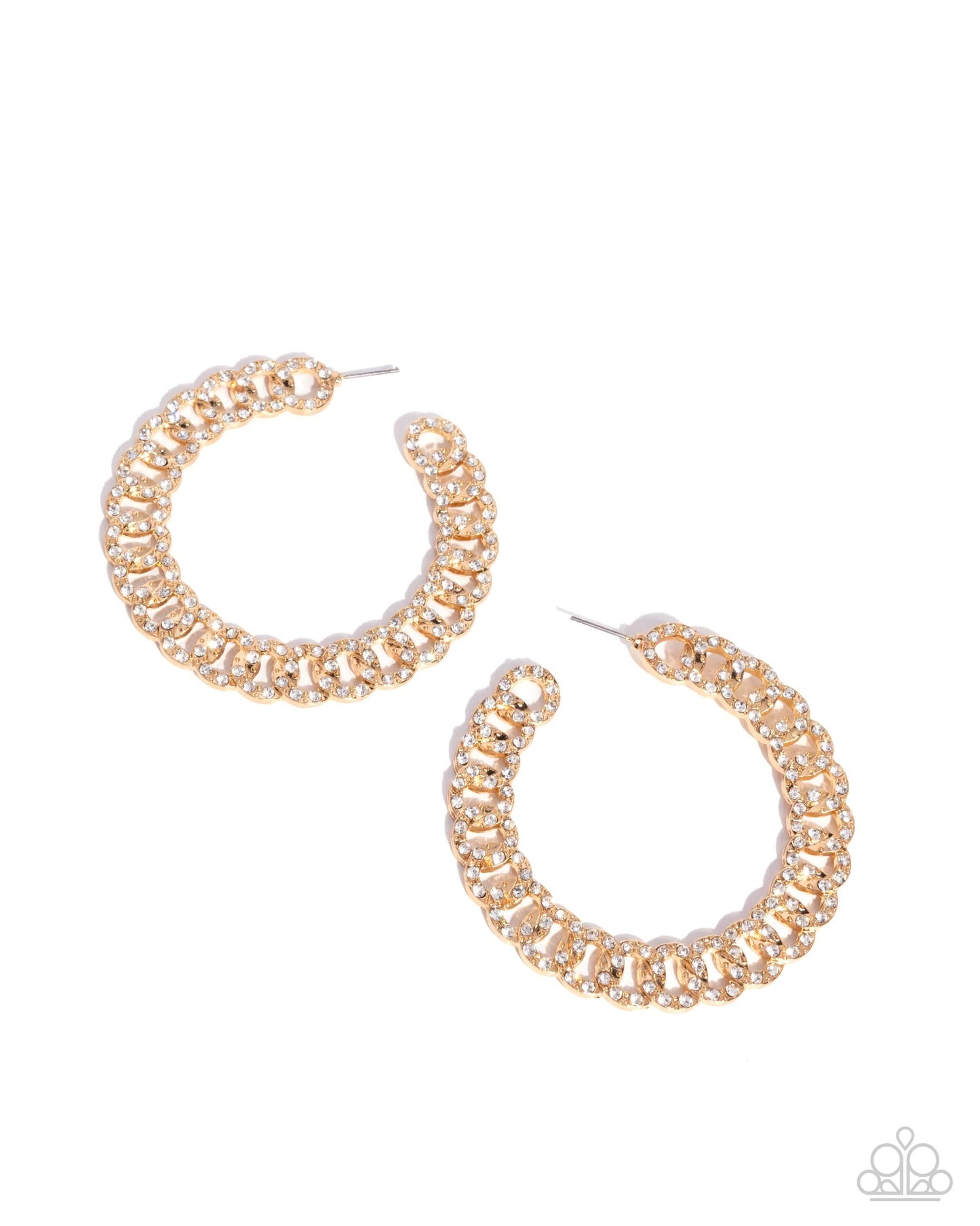 Interlocked Icing - Gold Paparazzi Hoop Earrings Accessories,earrings,Hoops,White rhinestones