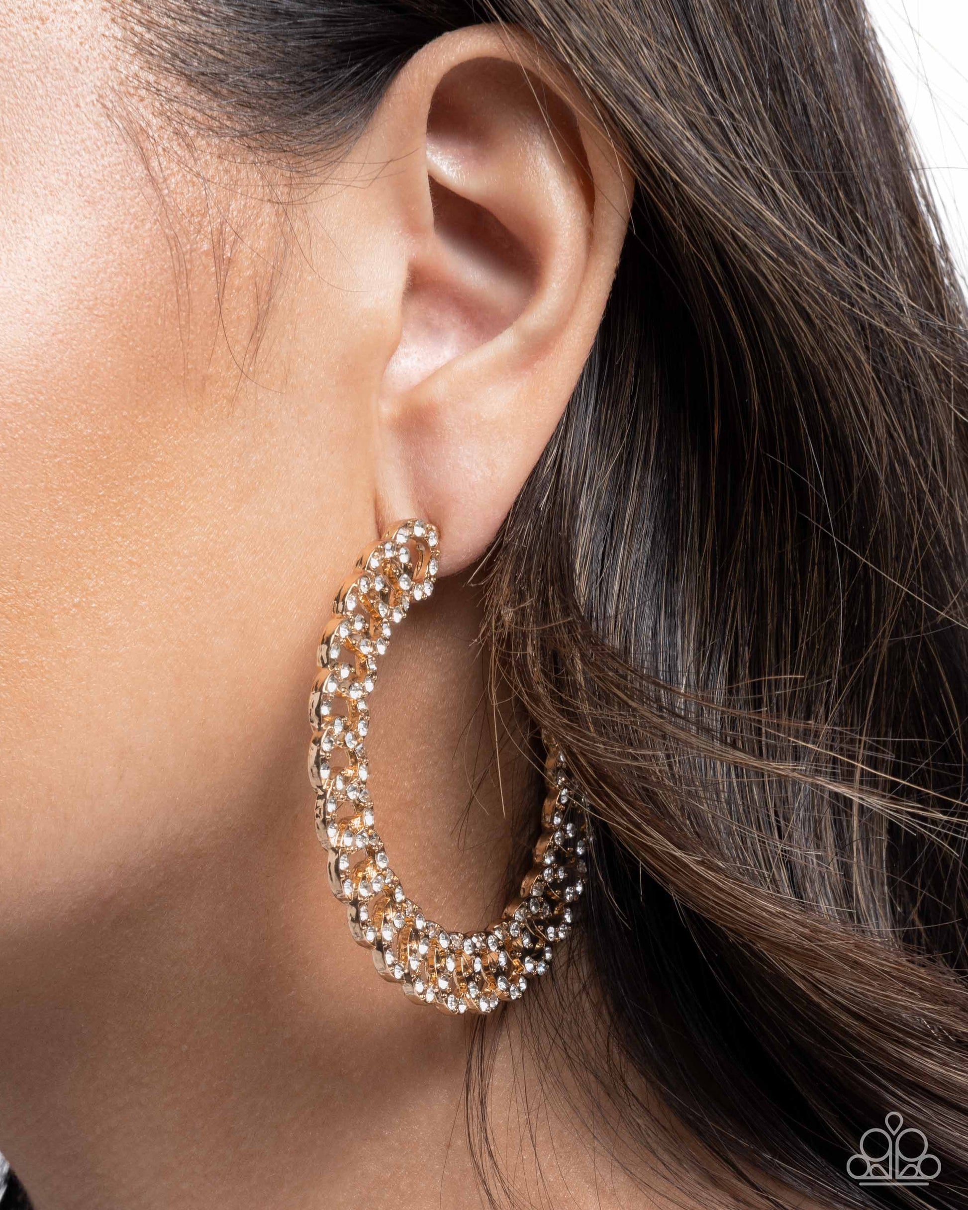 Interlocked Icing - Gold Paparazzi Hoop Earrings Accessories,earrings,Hoops,White rhinestones
