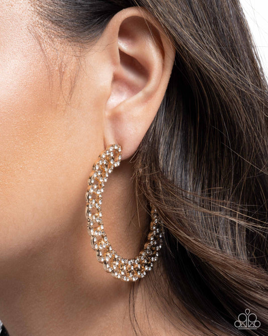 Interlocked Icing - Gold Paparazzi Hoop Earrings Accessories,earrings,Hoops,White rhinestones