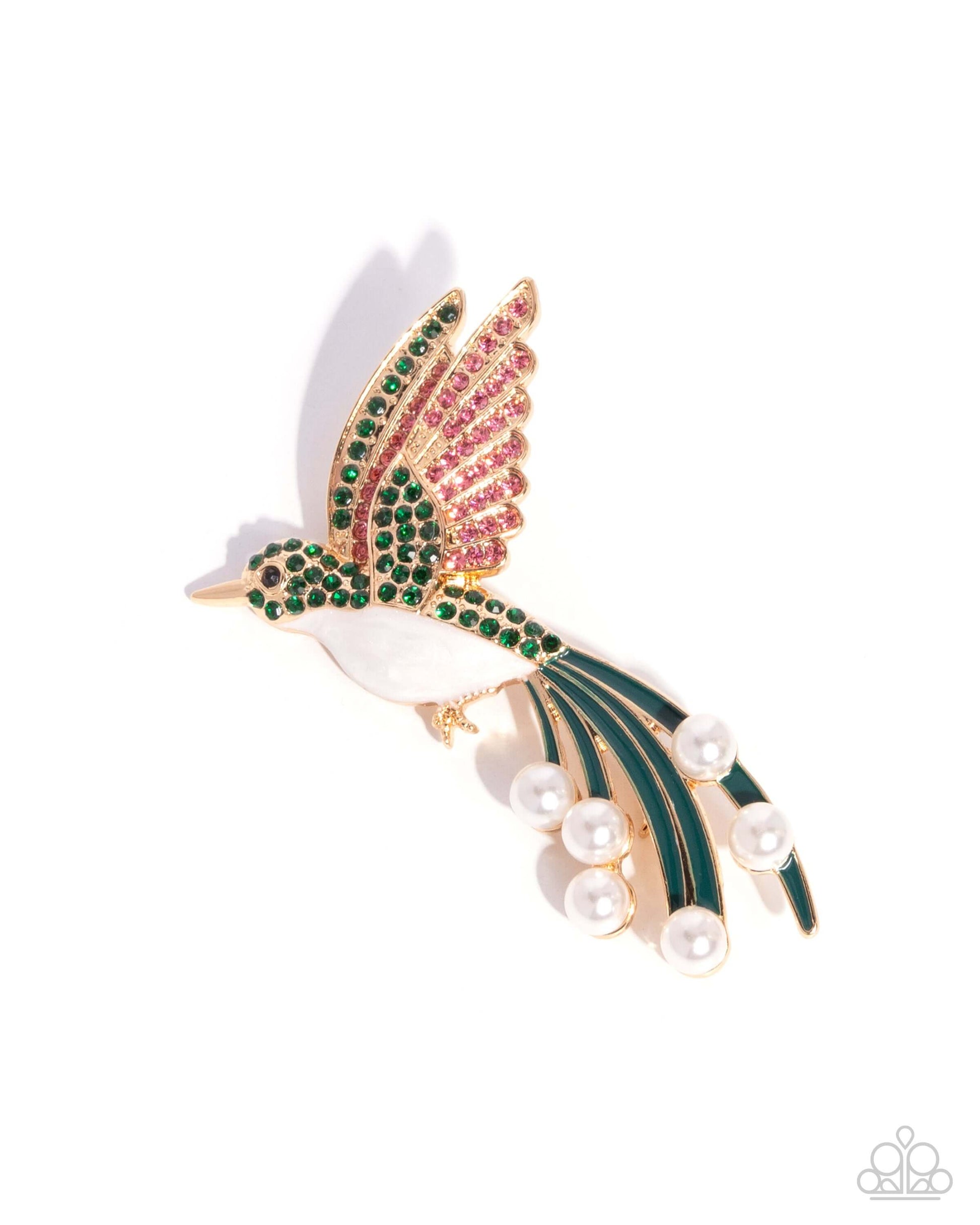 Hummingbird Homage - Green Paparazzi Brooch Accessories,Brooch,Green,Hummingbird,Pearls