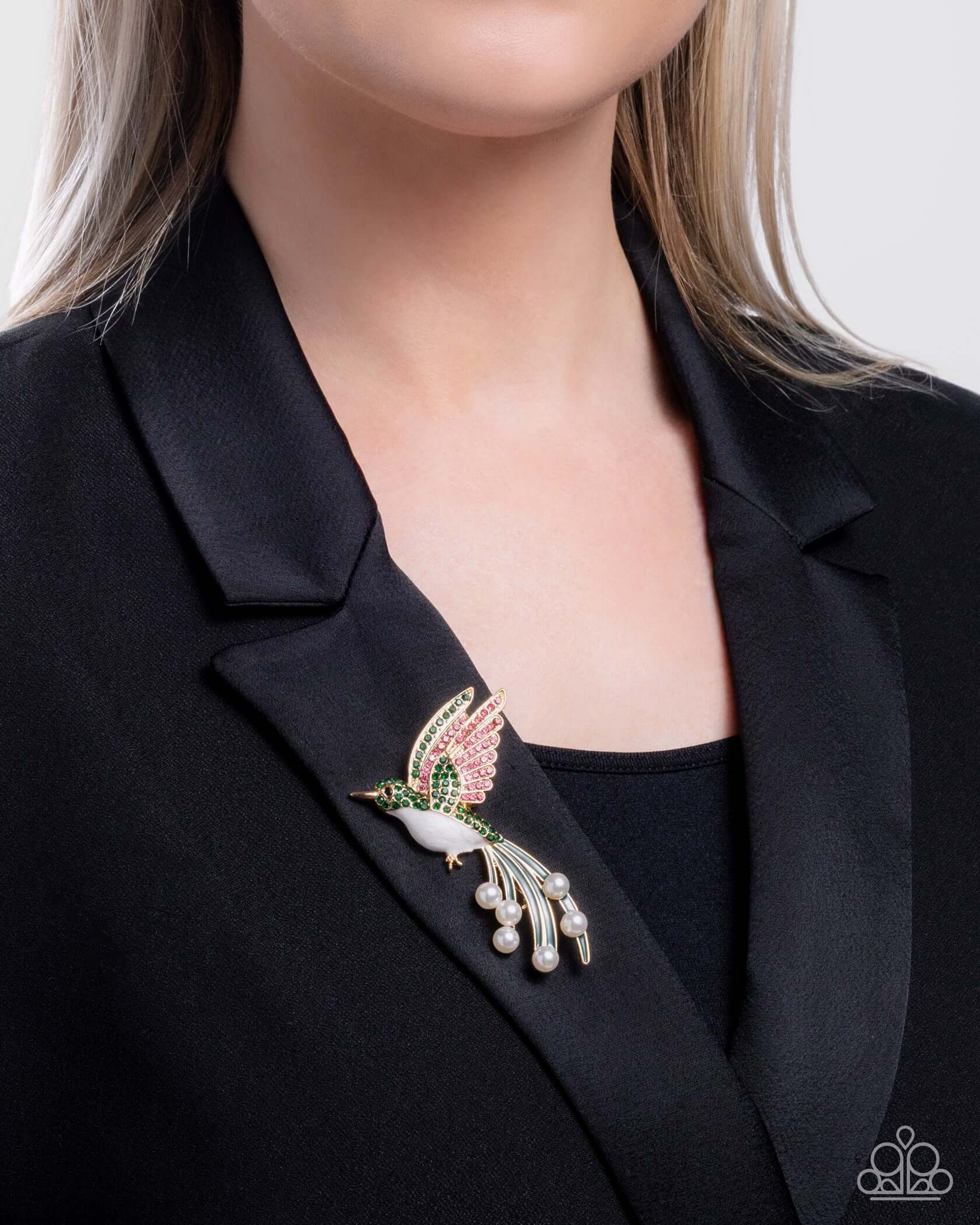 Hummingbird Homage - Green Paparazzi Brooch Accessories,Brooch,Green,Hummingbird,Pearls