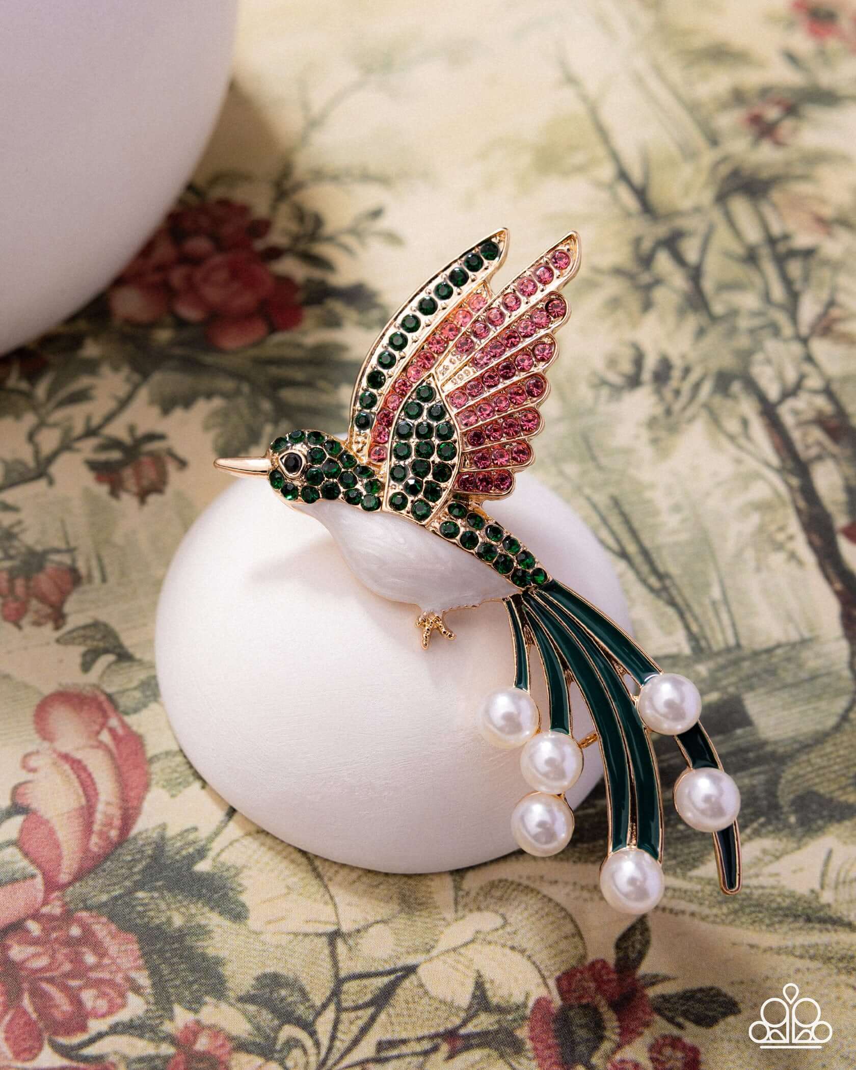 Hummingbird Homage - Green Paparazzi Brooch Accessories,Brooch,Green,Hummingbird,Pearls