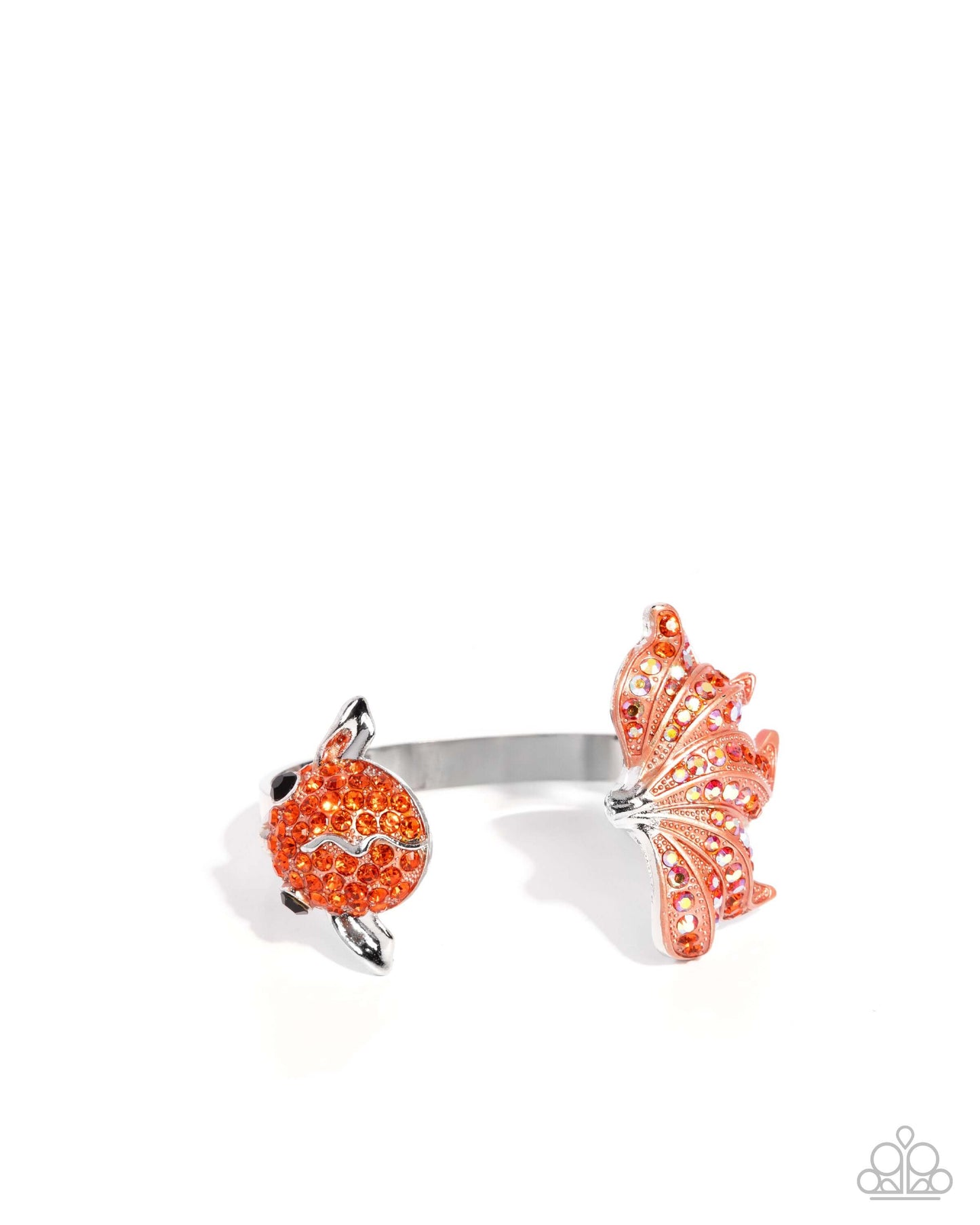 Swimming Serenity - Orange Paparazzi Fish Cuff Bracelet Accessories,Animal Lovers,Animal Print,Black,Bracelet,Coral,Cuff,Iridescence,Orange,Peach,Sea Breeze Style,Silver Accents,Starfish,Yellow