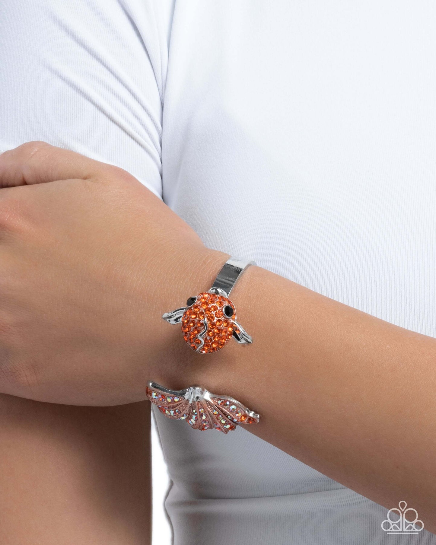 Swimming Serenity - Orange Paparazzi Fish Cuff Bracelet Accessories,Animal Lovers,Animal Print,Black,Bracelet,Coral,Cuff,Iridescence,Orange,Peach,Sea Breeze Style,Silver Accents,Starfish,Yellow