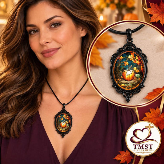 Harvest Glow™ Stained Glass Pumpkin Pendant Necklace