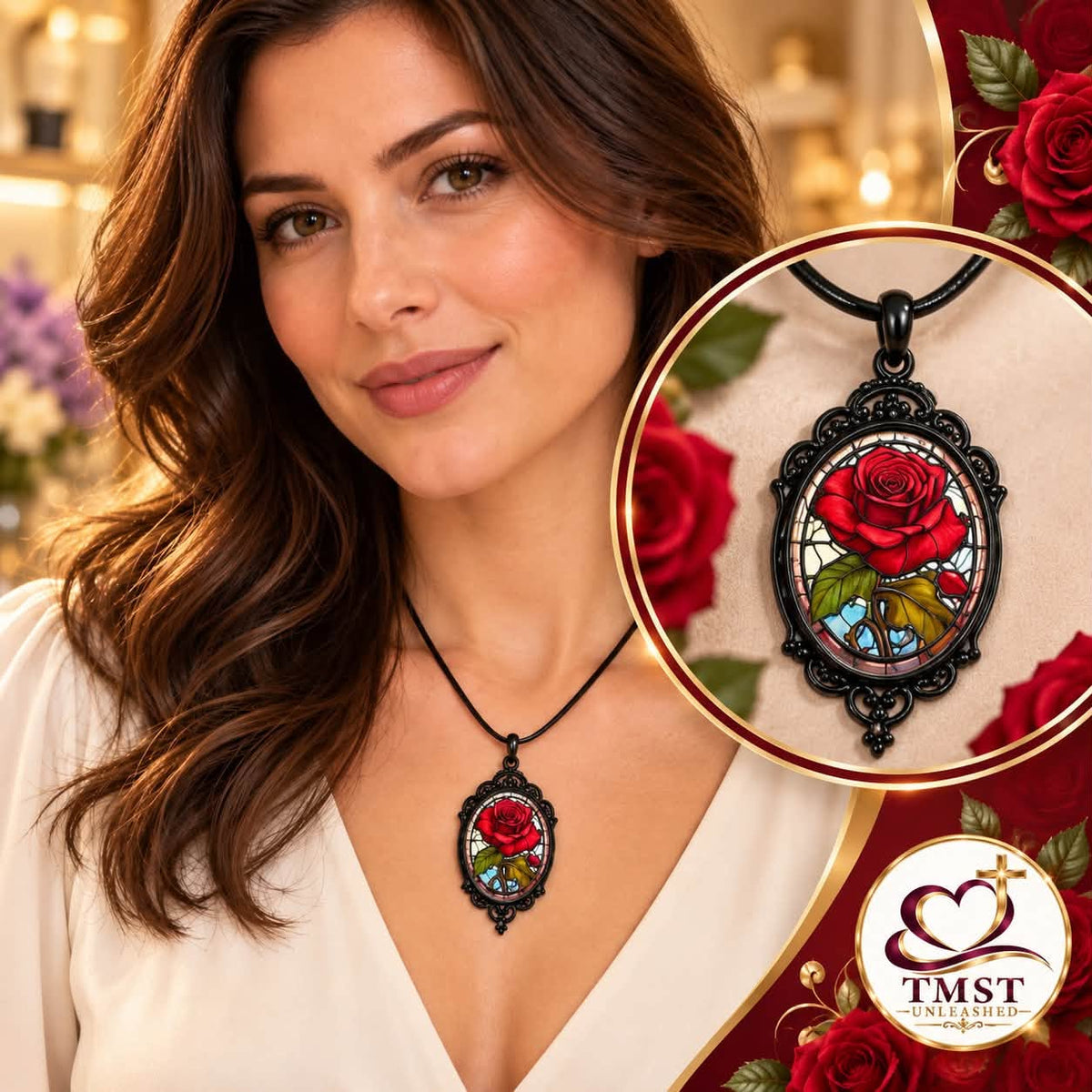 Forever in Bloom™ Stained Glass Rose Pendant Necklace