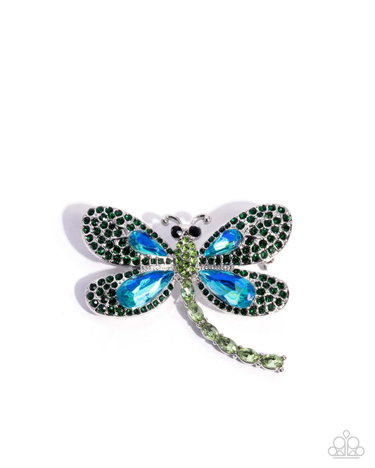 Divine Dragonfly - Green Paparazzi Brooch Accessories,Brooch,Dragonfly,Green,Silver Accents