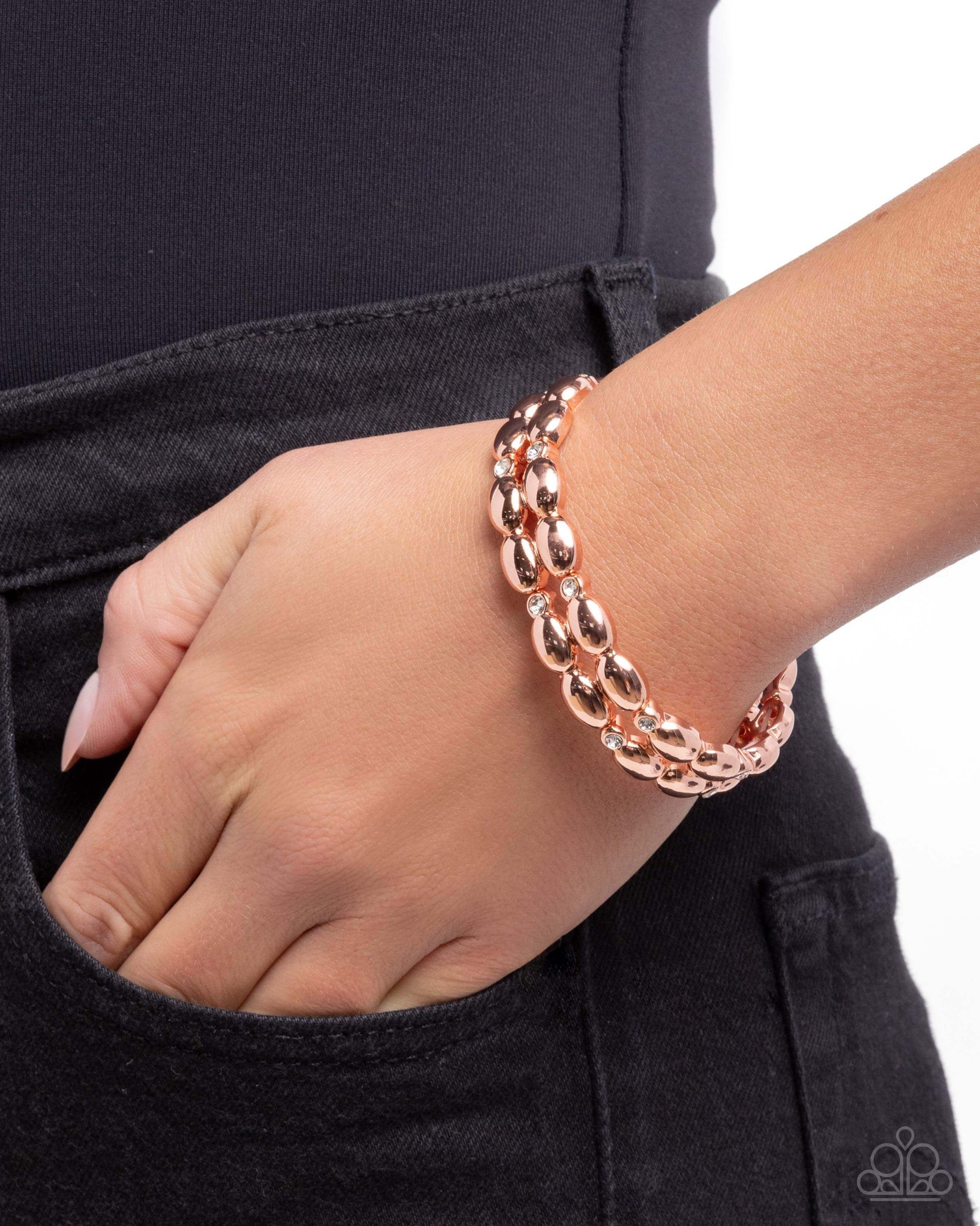 Stacked Statement - Copper Paparazzi Bracelet Accessories,Bracelet,Copper,Stretchy,White rhinestones