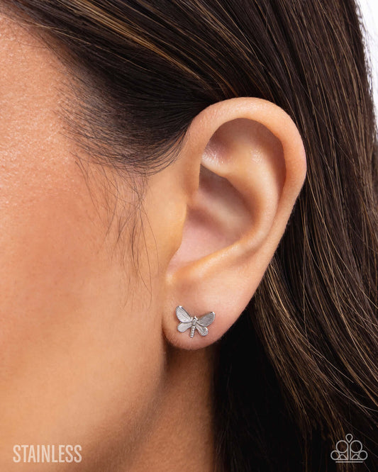 Whimsical Willpower - Silver Paparazzi Butterfly Earrings Accessories,earrings,Silver,Stainless Steel