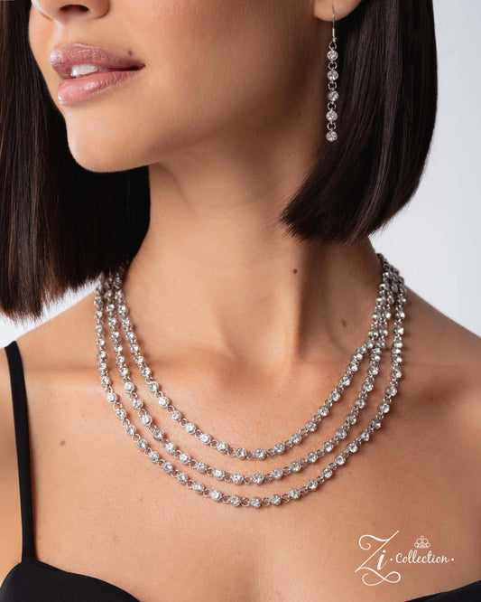Demure Paparazzi Zi Collection 2025 Accessories,Necklace,Short Necklace,Silver,White rhinestones,ZiCollection