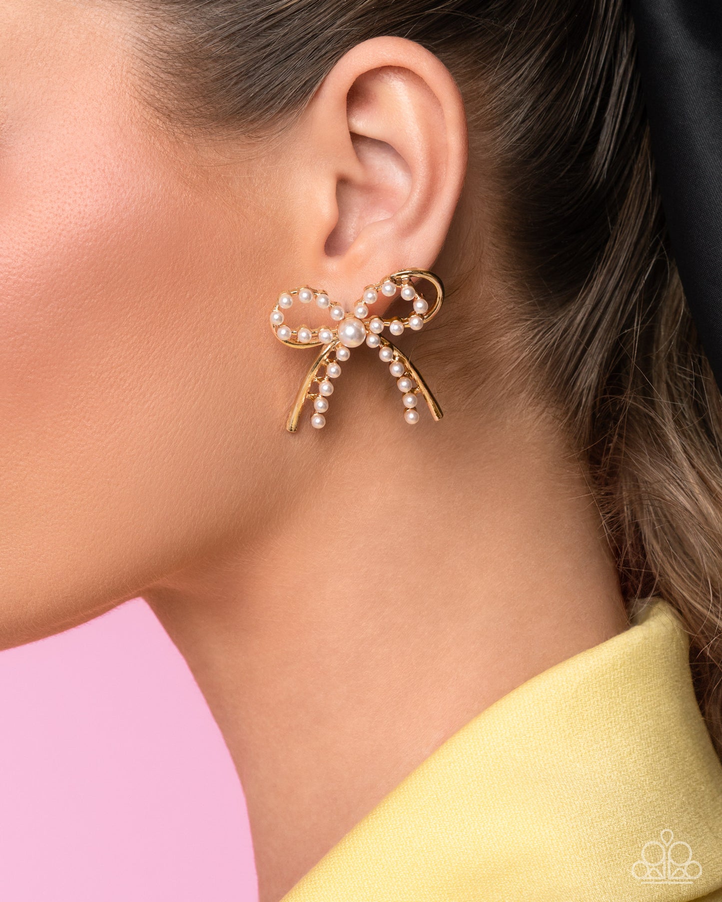 PREORDER ~ Girly Get Together - Gold Paparazzi Bow Earrings