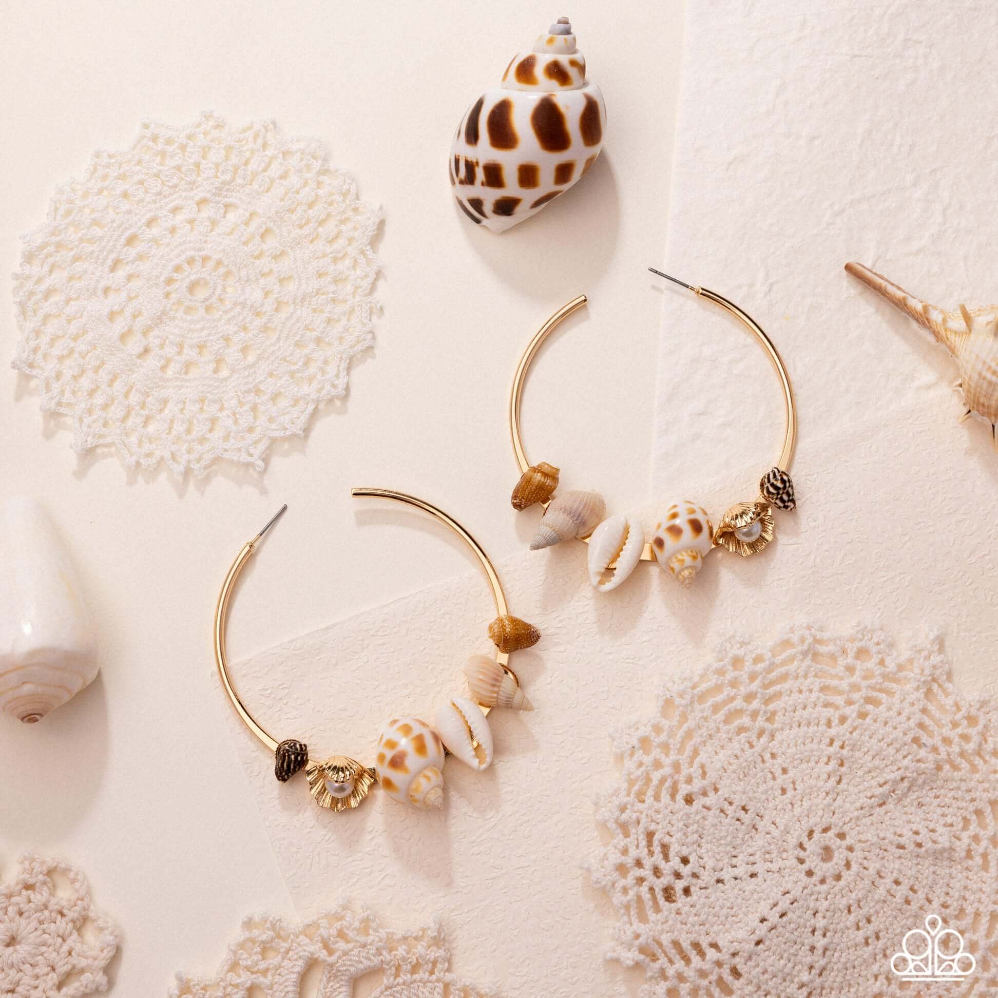 Seashell Sonnet - Gold Paparazzi Bracelet Accessories,earrings,Exclusives,Hoops,Life of the Party Exclusive,Sea Breeze Style,Seasonal,Shell-Like