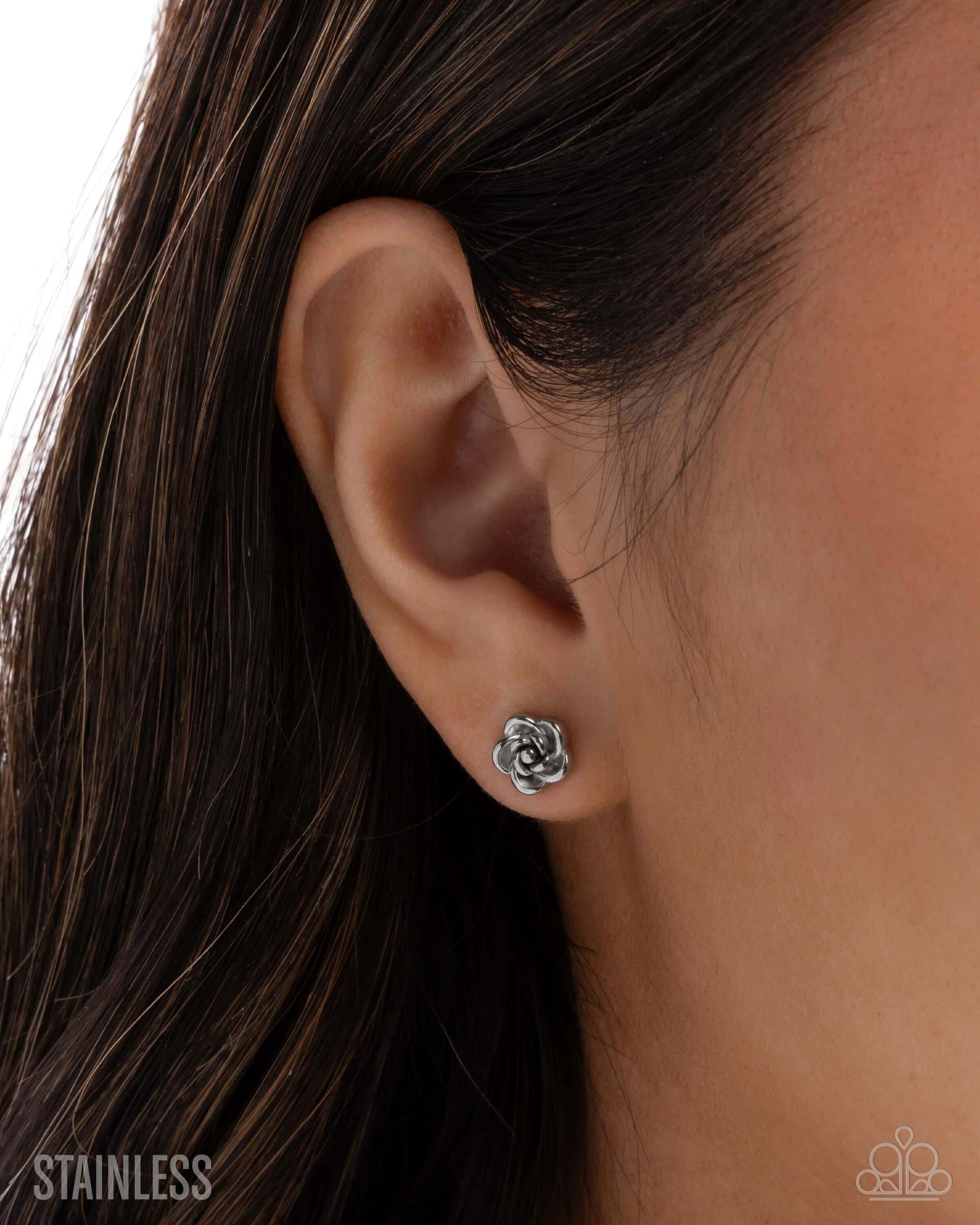 Royal Grounds - Silver Stainless Steel Accessories,earrings,Post,Roses,Stainless Steel