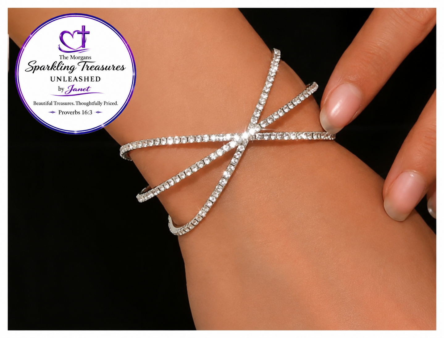 A silver-toned double-strand bracelet with clear rhinestones, styled on a person's wrist with a black background and a circular logo overlay for 'The Morgan Sparkling Treasures Unleashed by Jewel'.