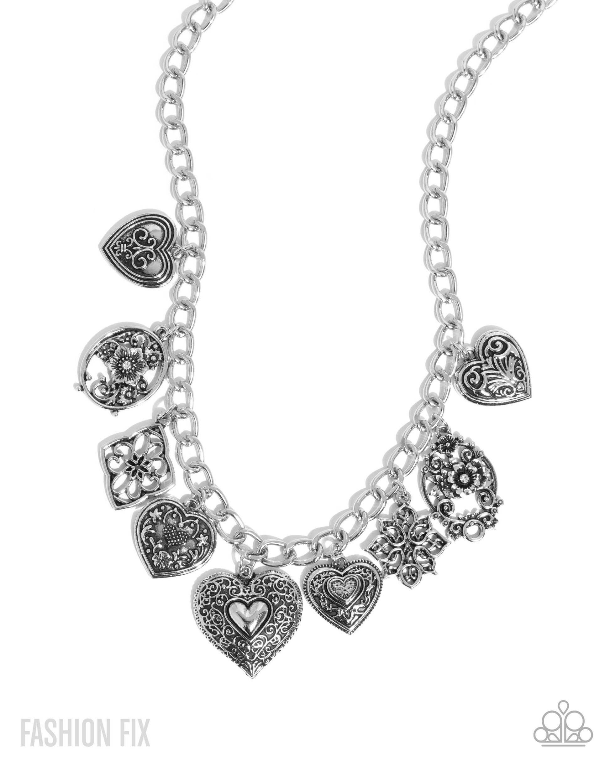 Vintage Showdown - Silver Paparazzi Heart/Charm Necklace Accessories,Charms,Hearts,Necklace,Short Necklace,Silver