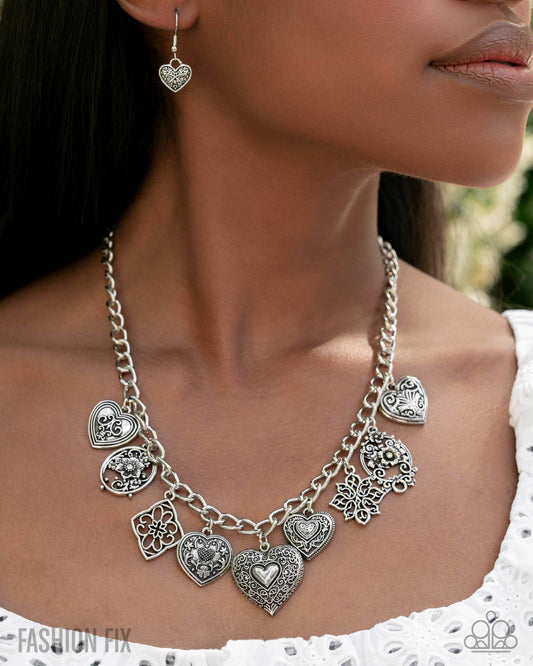 Vintage Showdown - Silver Paparazzi Heart/Charm Necklace Accessories,Charms,Hearts,Necklace,Short Necklace,Silver