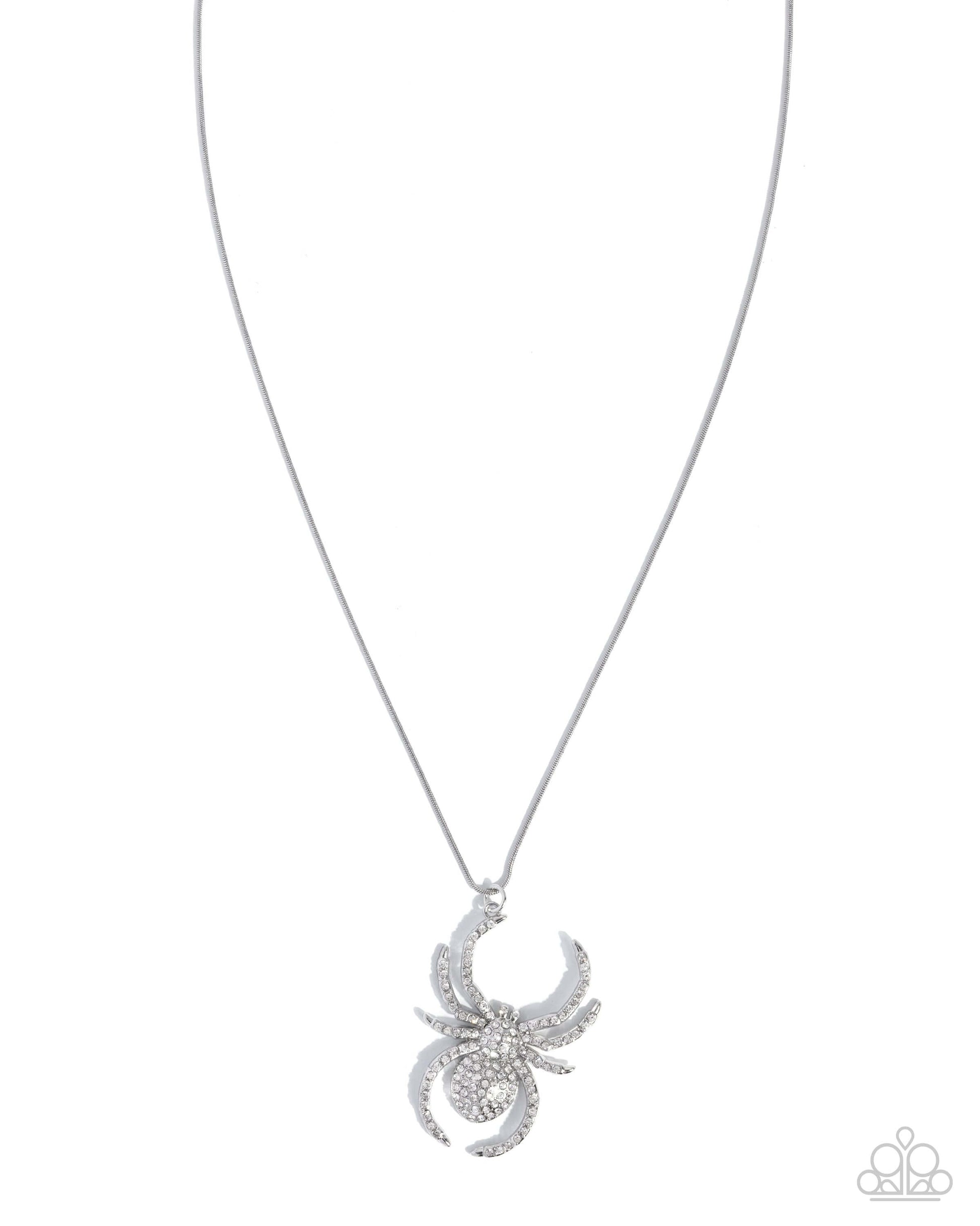 Spider Story - White Paparazzi Halloween Necklace Accessories,Necklace,Seasonal,Short Necklace,Silver,White rhinestones