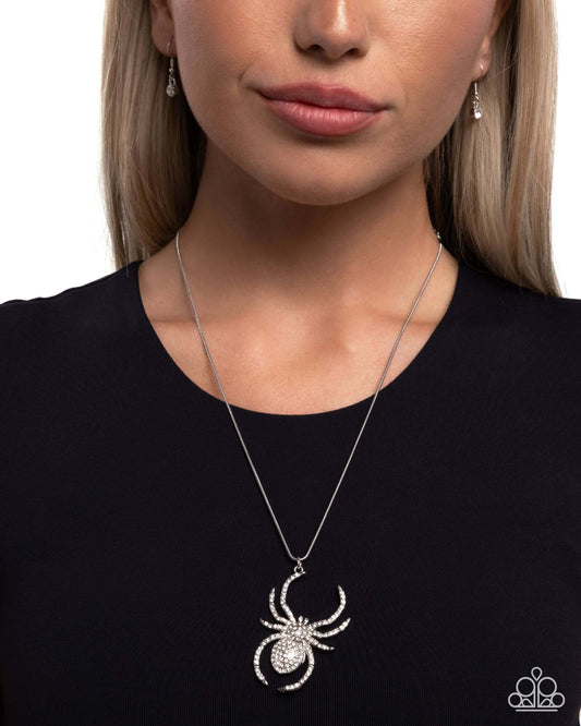 Spider Story - White Paparazzi Halloween Necklace Accessories,Necklace,Seasonal,Short Necklace,Silver,White rhinestones