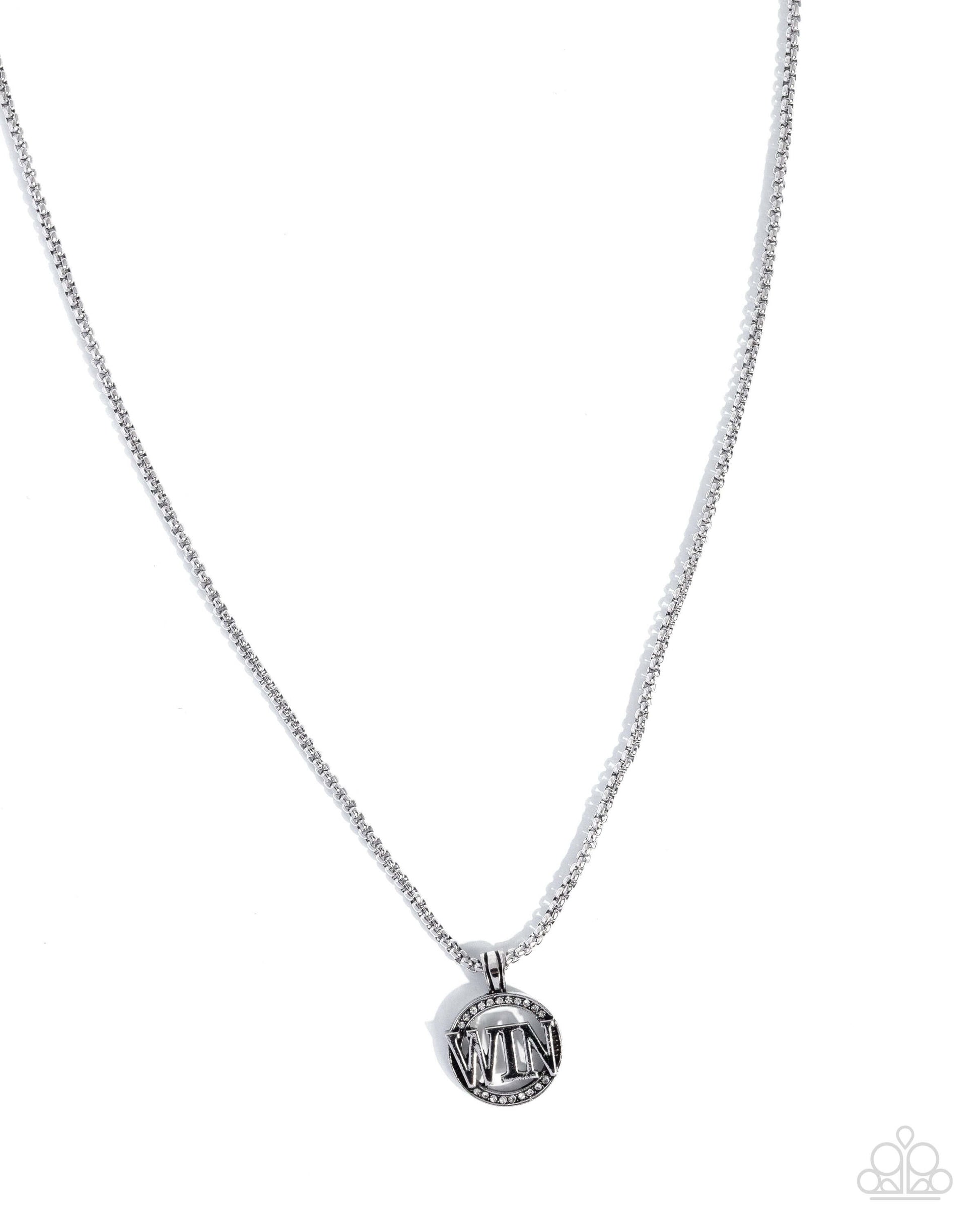 Fight to Win - Silver Paparazzi Necklaces Accessories,Inspirational,Mens Accessories,Necklace,Short Necklace,Silver,White rhinestones