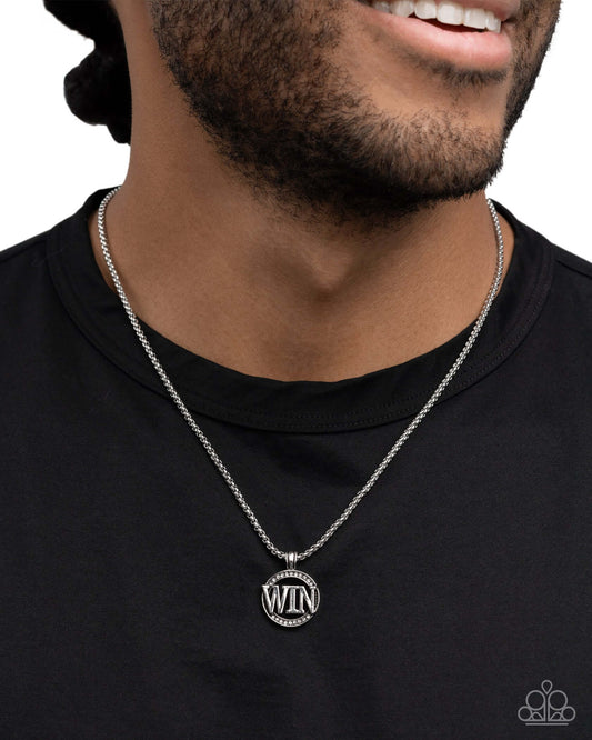 Fight to Win - Silver Paparazzi Necklaces Accessories,Inspirational,Mens Accessories,Necklace,Short Necklace,Silver,White rhinestones