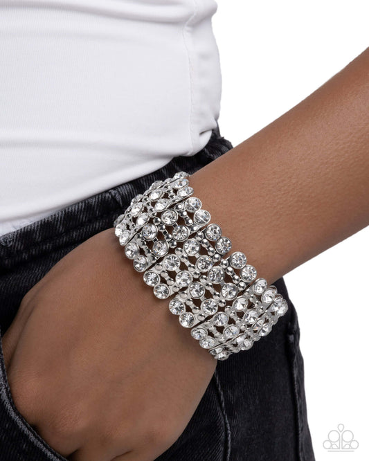 Exuberant Elegance - White Paparazzi Bracelet Accessories,Bracelet,Silver,Stretchy,White rhinestones