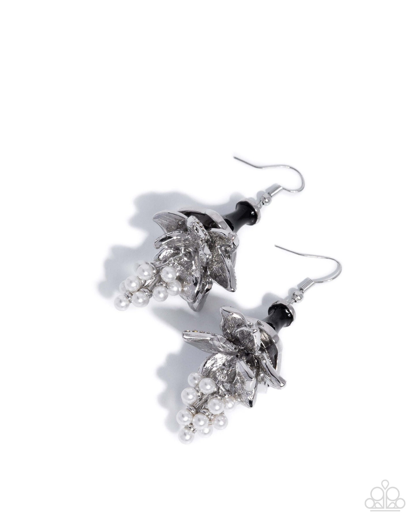 Brilliant Bells - Black Paparazzi Earrings Accessories,Black,earrings,Floral,Pearls,Silver Accents,White rhinestones