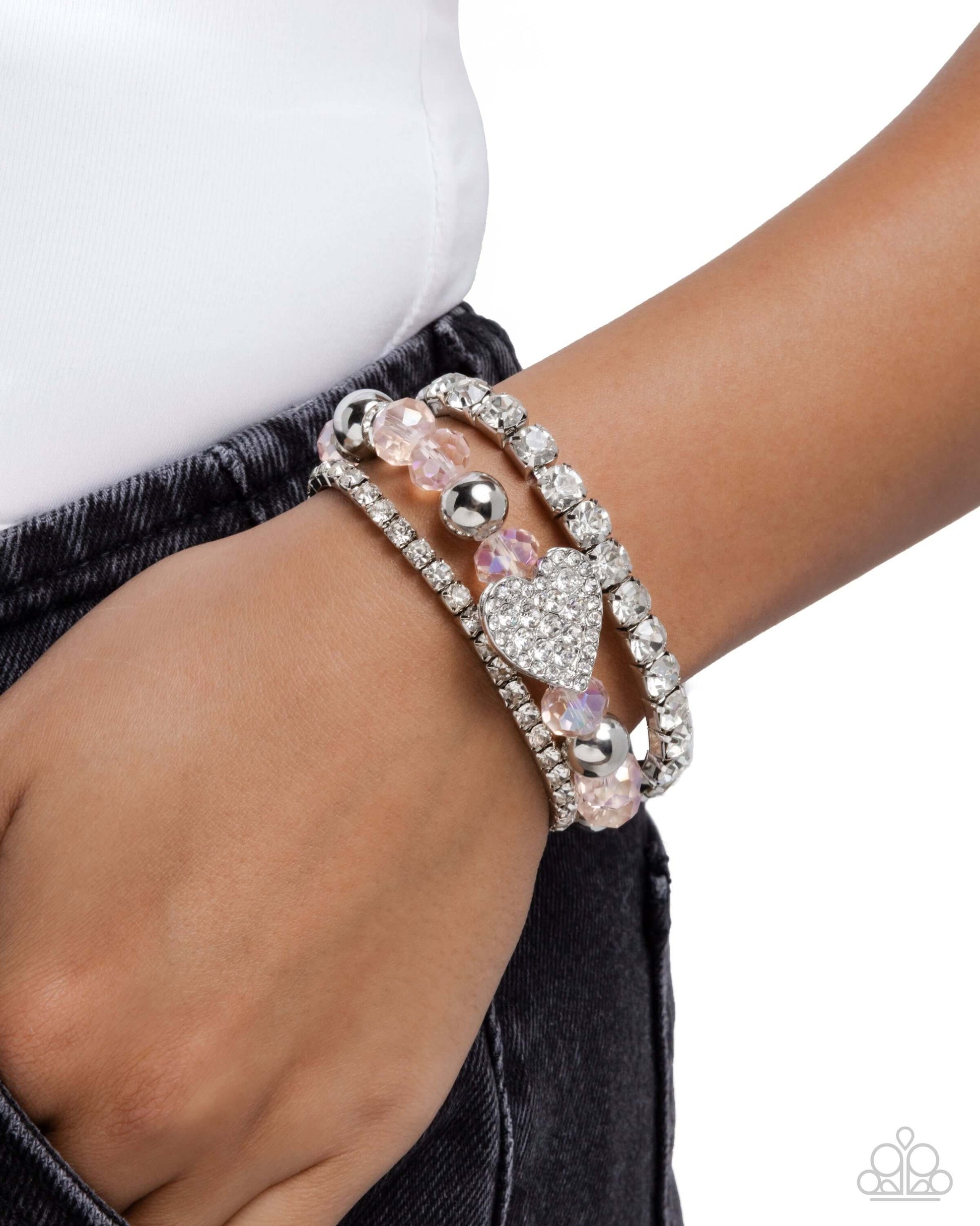 Heartfelt Heiress - Pink Paparazzi Bracelet Accessories,Bracelet,Hearts,New Arrival,Pink,Silver Accents,Stretchy,White rhinestones