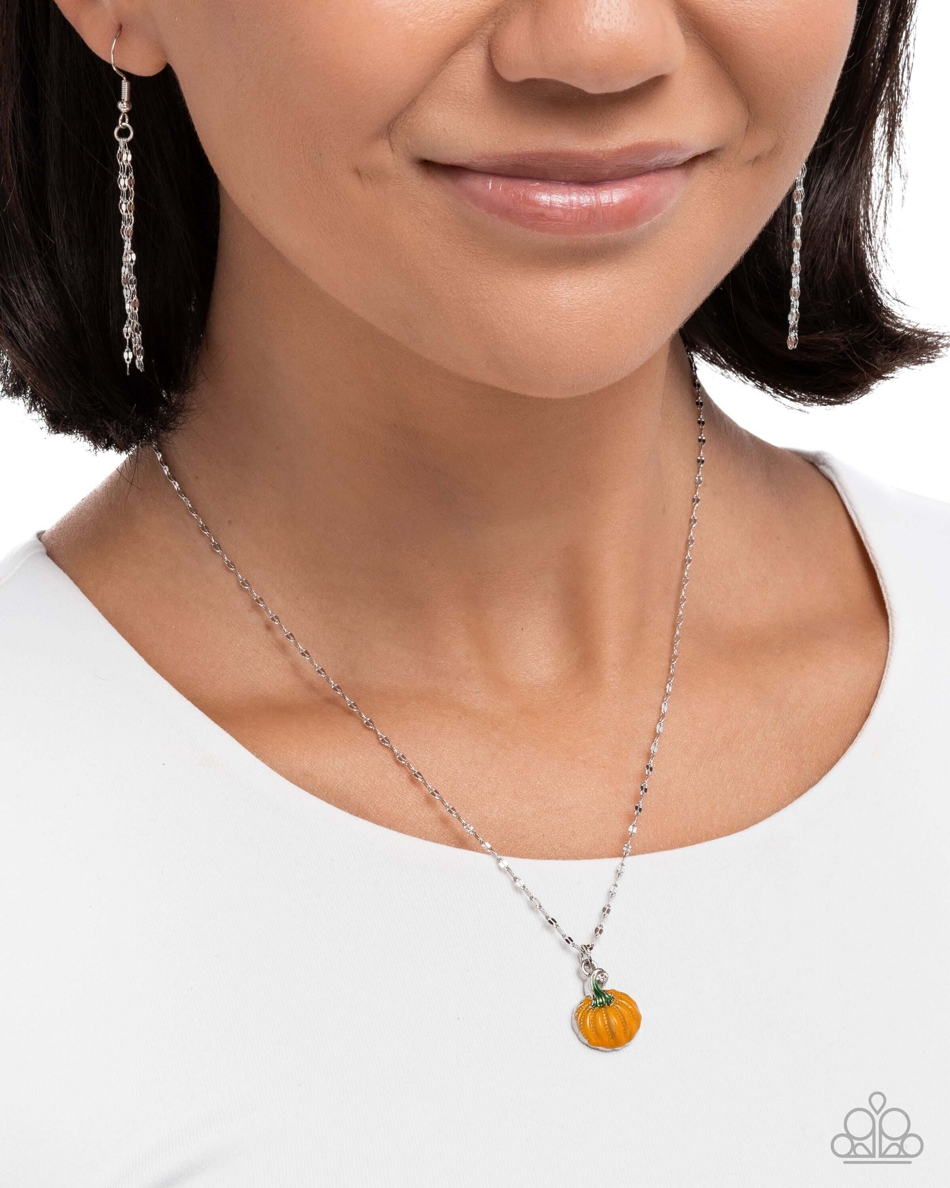 Pumpkin Patch - Orange Paparazzi Pumpkin Necklace Accessories,Necklace,Orange,Seasonal,Short Necklace,Silver Accents