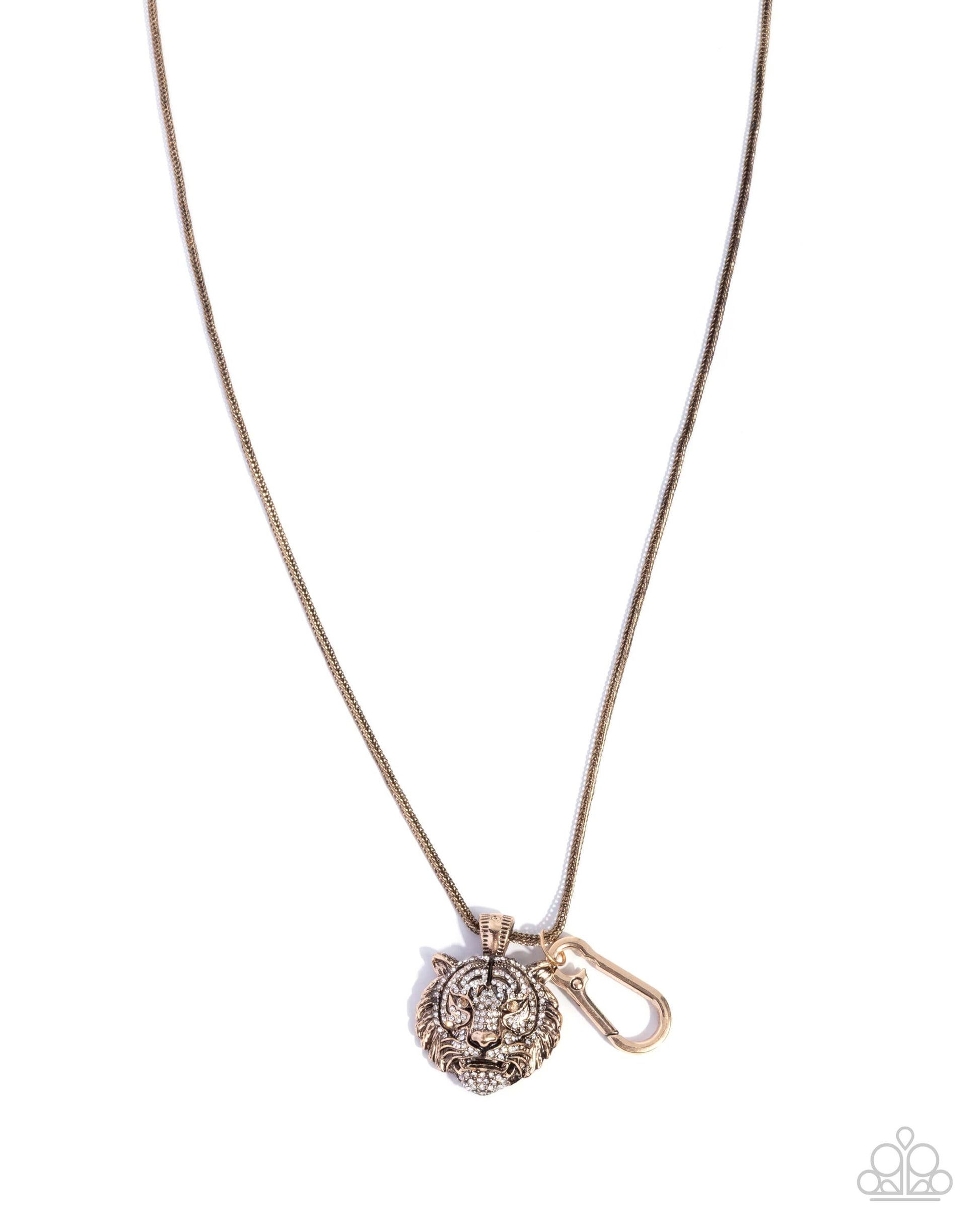 Tenacious Tiger - Gold Paparazzi Lanyard Necklace Accessories,Animal Lovers,Gold,Lanyard,Necklace,Short Necklace,White rhinestones